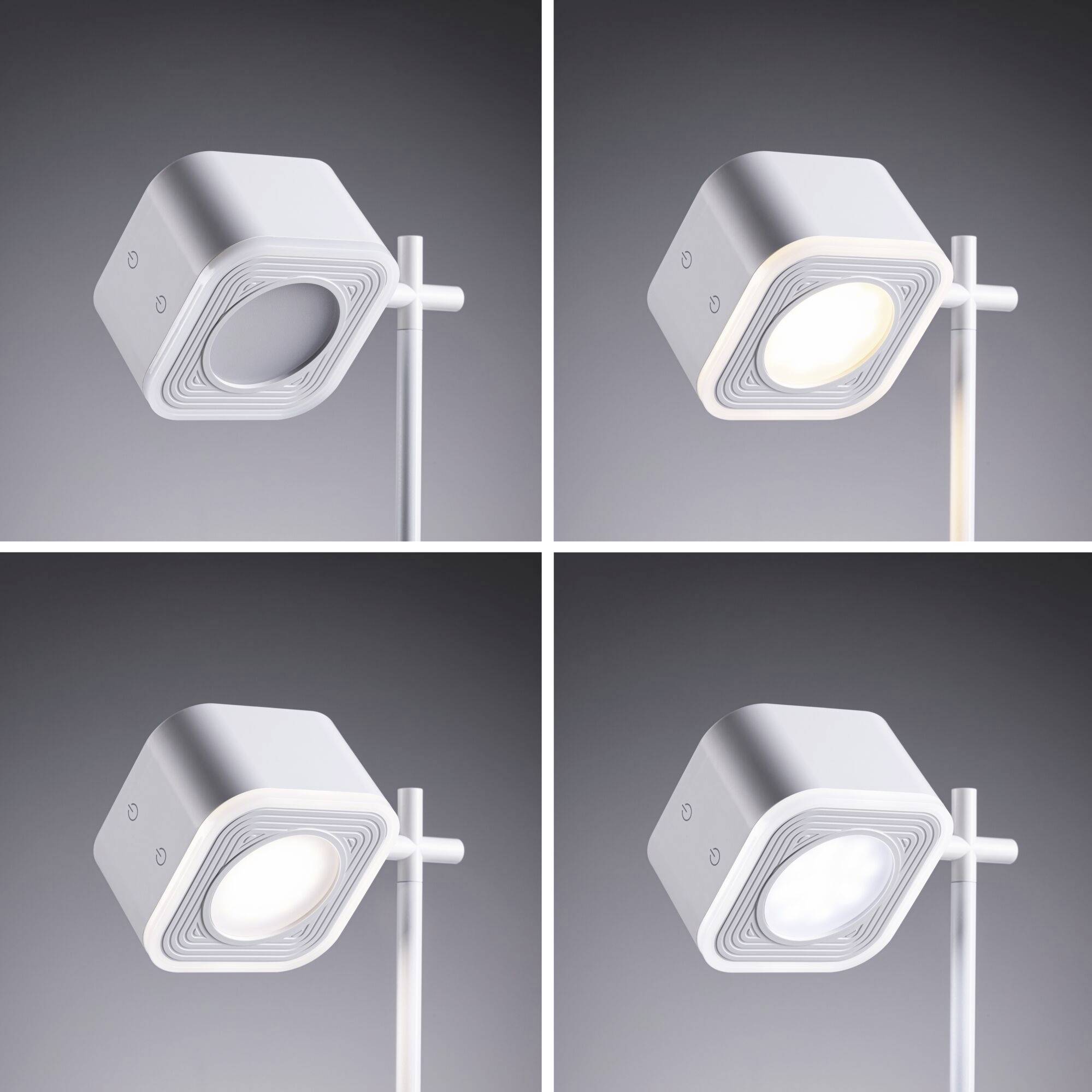 Vier Bilder zeigen eine verstellbare, moderne Deckenlampe in quadratischer Form in verschiedenen Positionen und Helligkeiten.