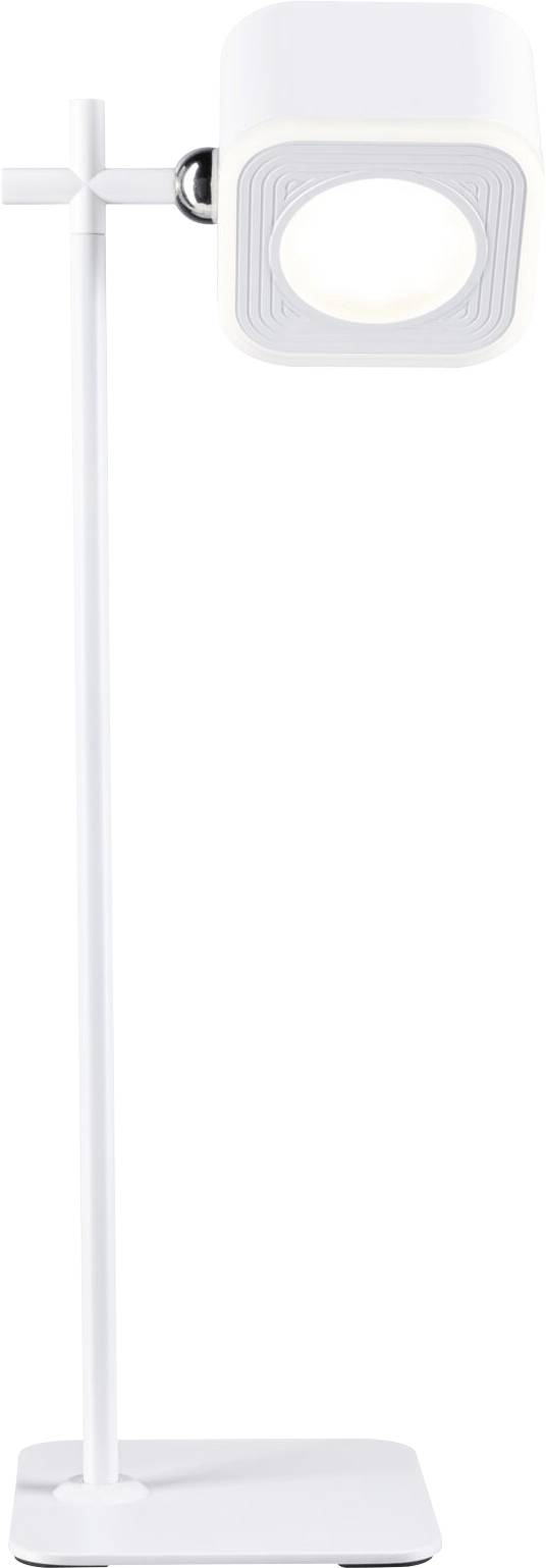 Eine weiße, moderne Tischlampe mit eckigem Lampenschirm und schwenkbarem Arm. Ideal für minimalistisches Raumdesign.