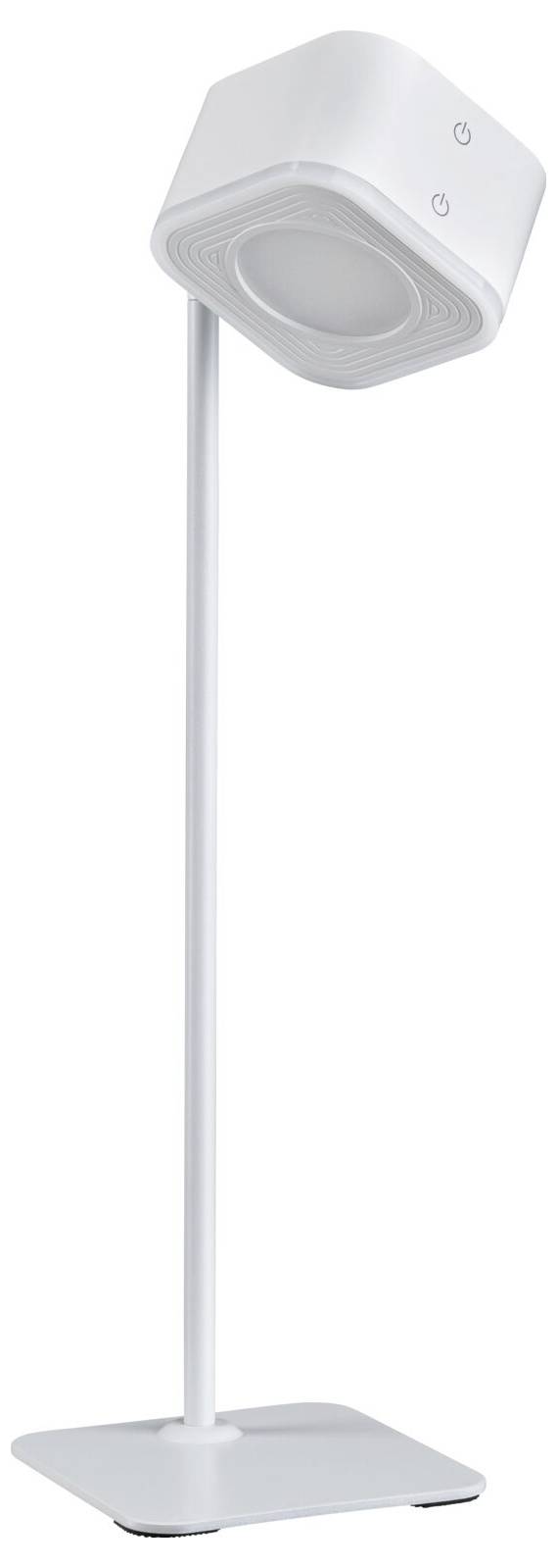 Weiße, moderne Tischlampe mit quadratischem Lampenschirm und rechteckigem Sockel, steht aufrecht. Ideal für minimalistisches Design.