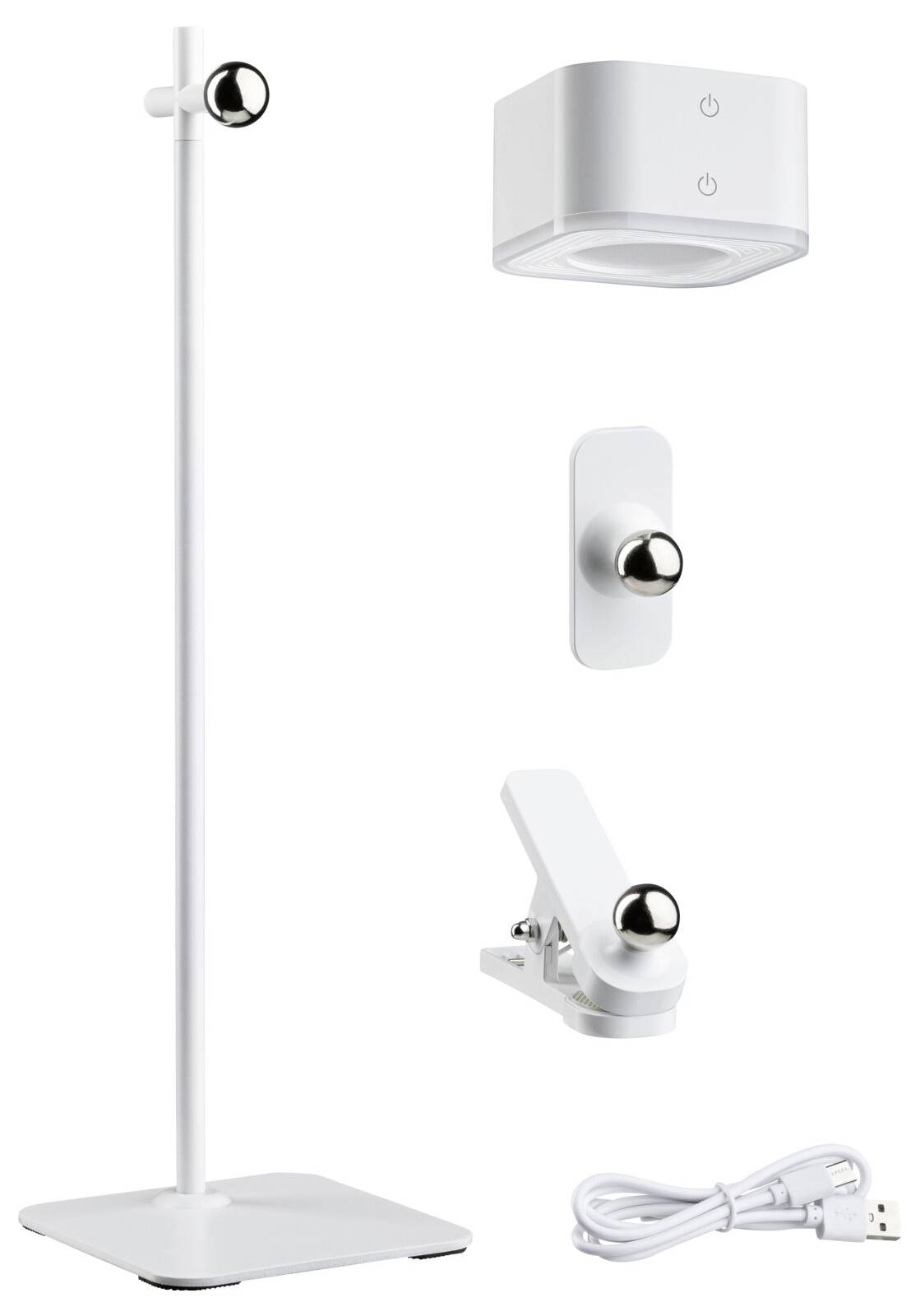 LED-Leuchte mit Standfuß, Schraubbefestigung, Clip und USB-Kabel für flexible Beleuchtungsoptionen. Ideal für Arbeitsbereiche.