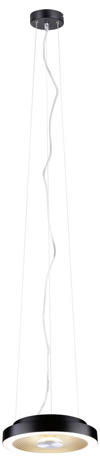 Eine runde, hängende Pendelleuchte mit schwarzem Schirm und warmweißer Lichtausstrahlung, befestigt an drei dünnen Kabeln.