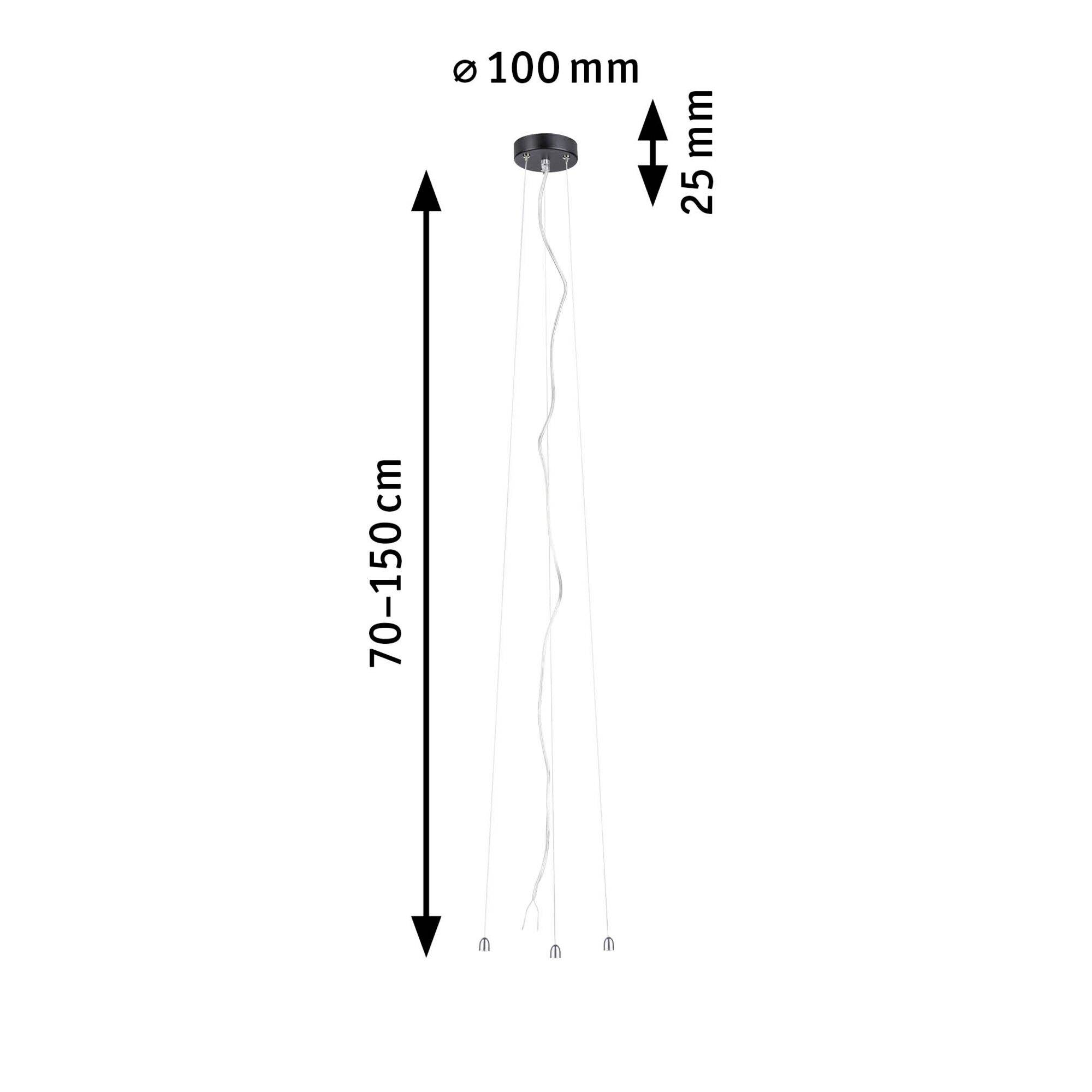 Deckenleuchte mit rundem Sockel, drei abgehängte Leuchtkörper. Maße: Durchmesser 100 mm, Höhe 25 mm, hängend 70–150 cm verstellbar.