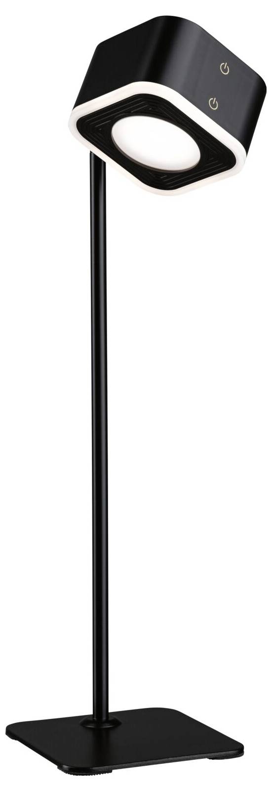 Eine moderne schwarze Stehlampe mit quadratischem Lampenschirm, neigbar, auf einem schlanken runden Ständer. Ideal für Leseecken.