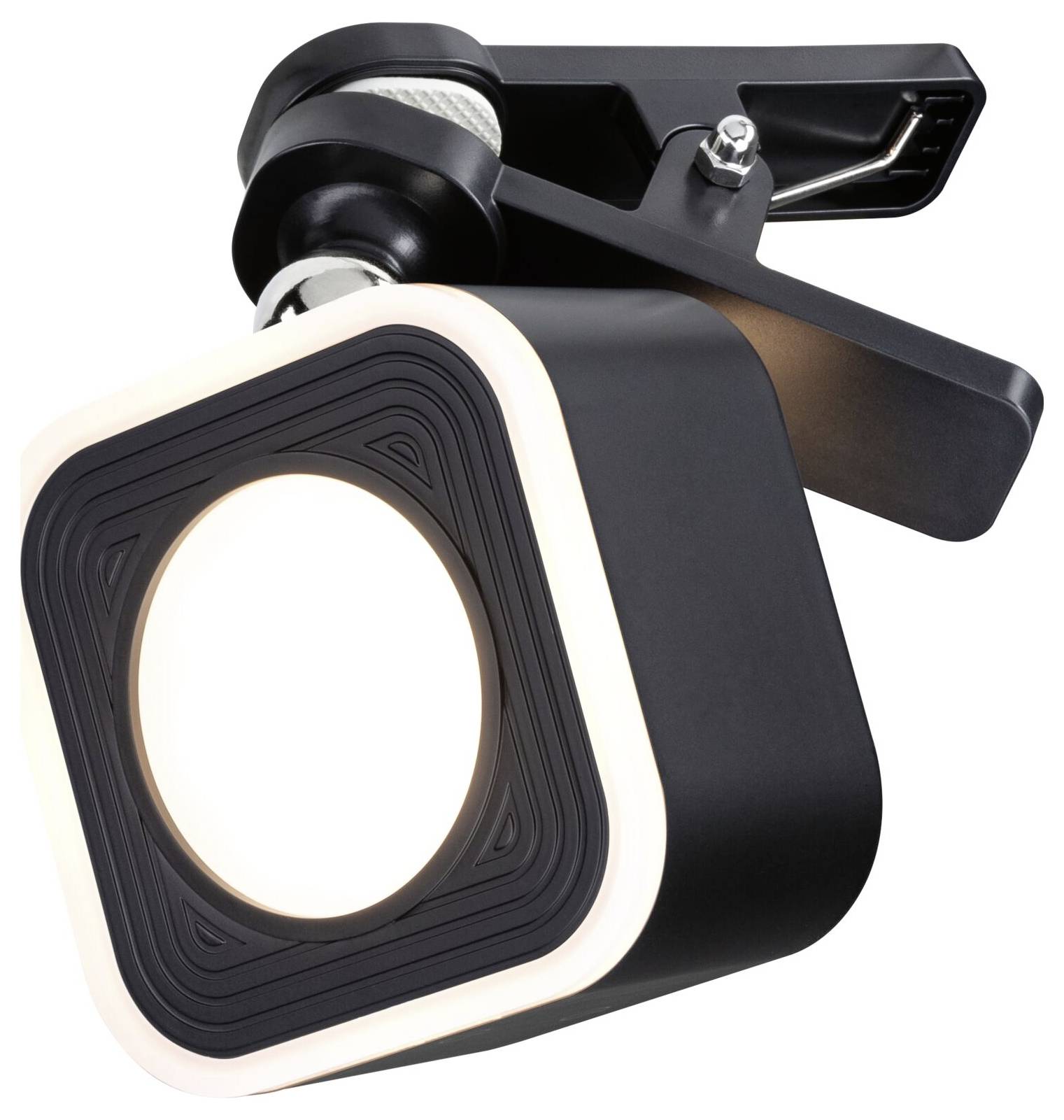 Schwarze quadratische Deckenlampe mit rundem, weiß leuchtendem Licht in der Mitte, geeignet für moderne Innenräume.