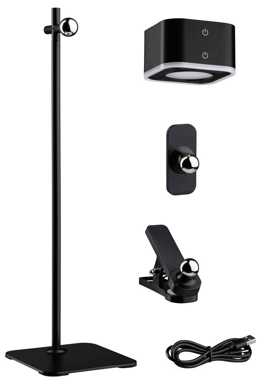 Schwarzes Beleuchtungs-Set mit höhenverstellbarem Ständer, Leuchte, Befestigungsklammer und USB-Kabel. Suitable for desk lighting.