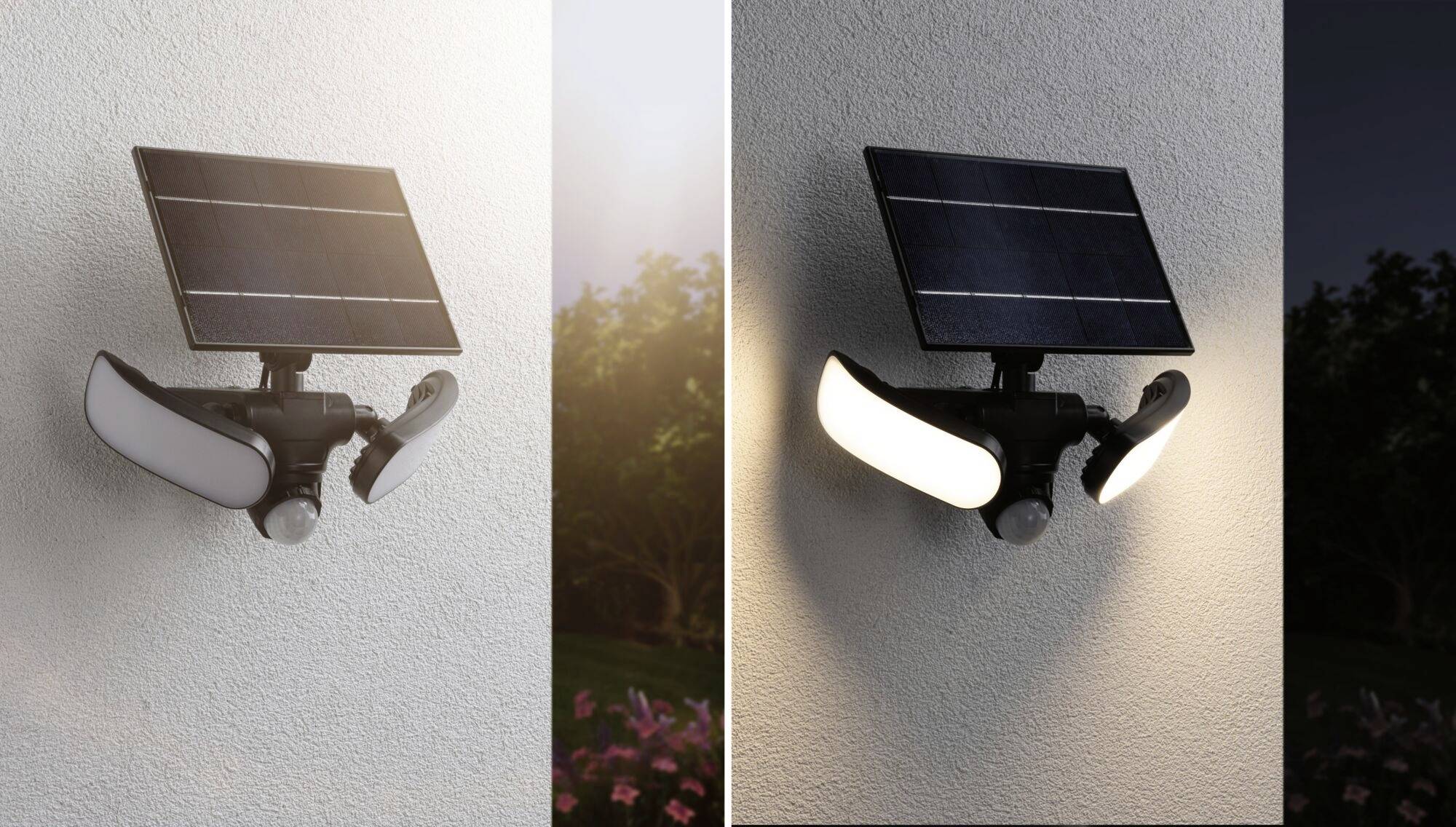 Zwei Aufnahmen einer solarbetriebenen Außenleuchte. Links im ausgeschalteten, rechts im eingeschalteten Zustand bei Dämmerung.