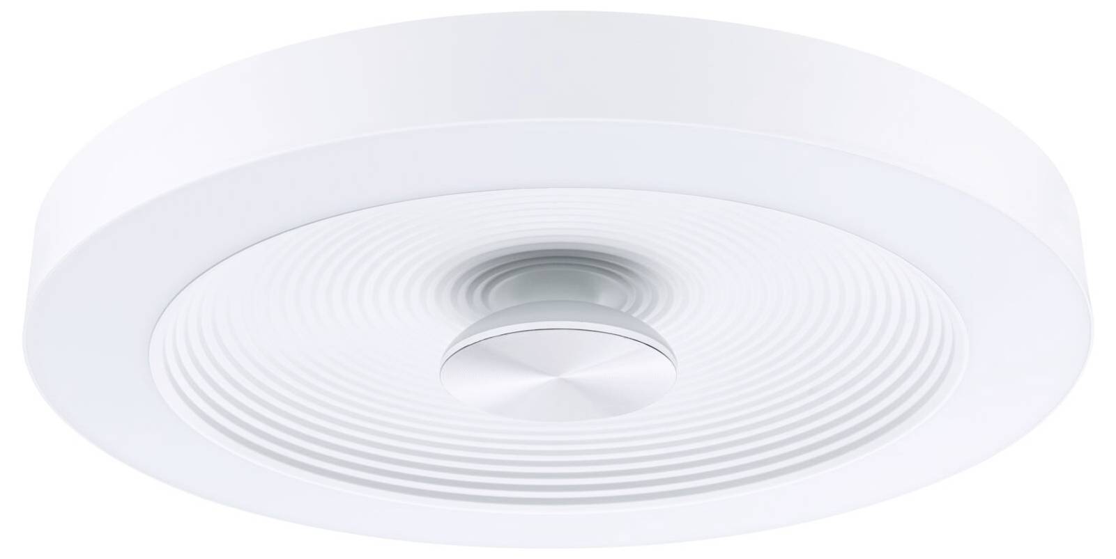 Runde, moderne Deckenleuchte in Weiß mit strukturierter Oberfläche. Sie hat ein zentrales kreisförmiges Element und ist minimalistisch gestaltet.