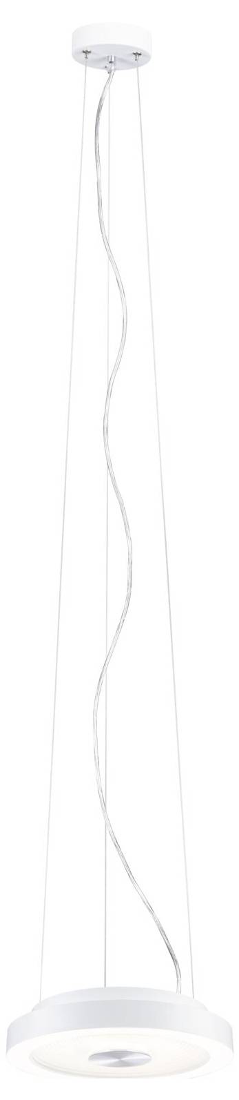 Weiße Pendelleuchte mit rundem Lampenschirm, hängend an drei dünnen Kabeln. Geeignet für moderne Innenraumbeleuchtung.