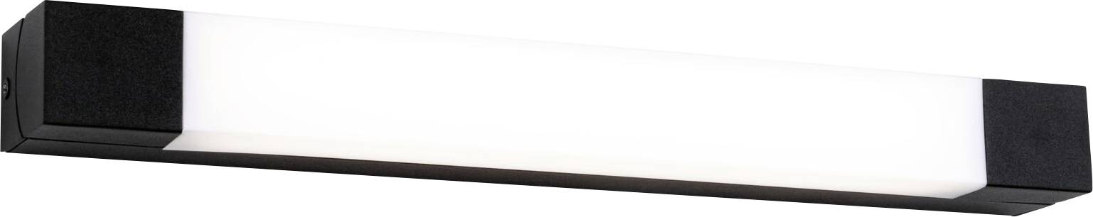 Eine rechteckige Wandlampe mit schwarzem Rahmen und einem zentralen, weißen Lichtstreifen. Sie strahlt gleichmäßiges, helles Licht aus.