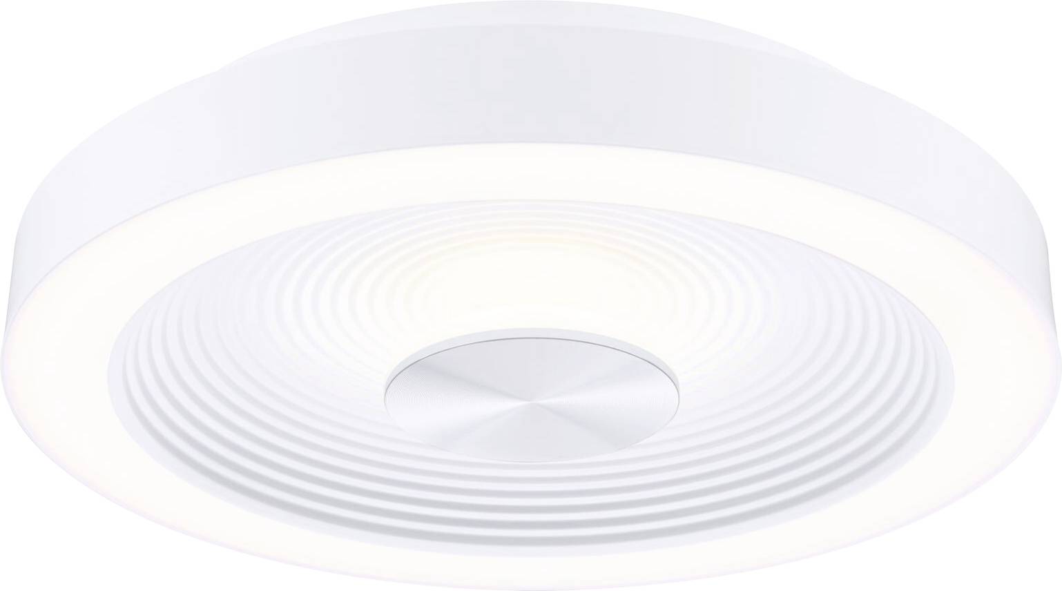 Eine runde, weiße, moderne Deckenleuchte mit ringförmigem Leuchtbereich. Ideal für eine gleichmäßige Ausleuchtung von Räumen.