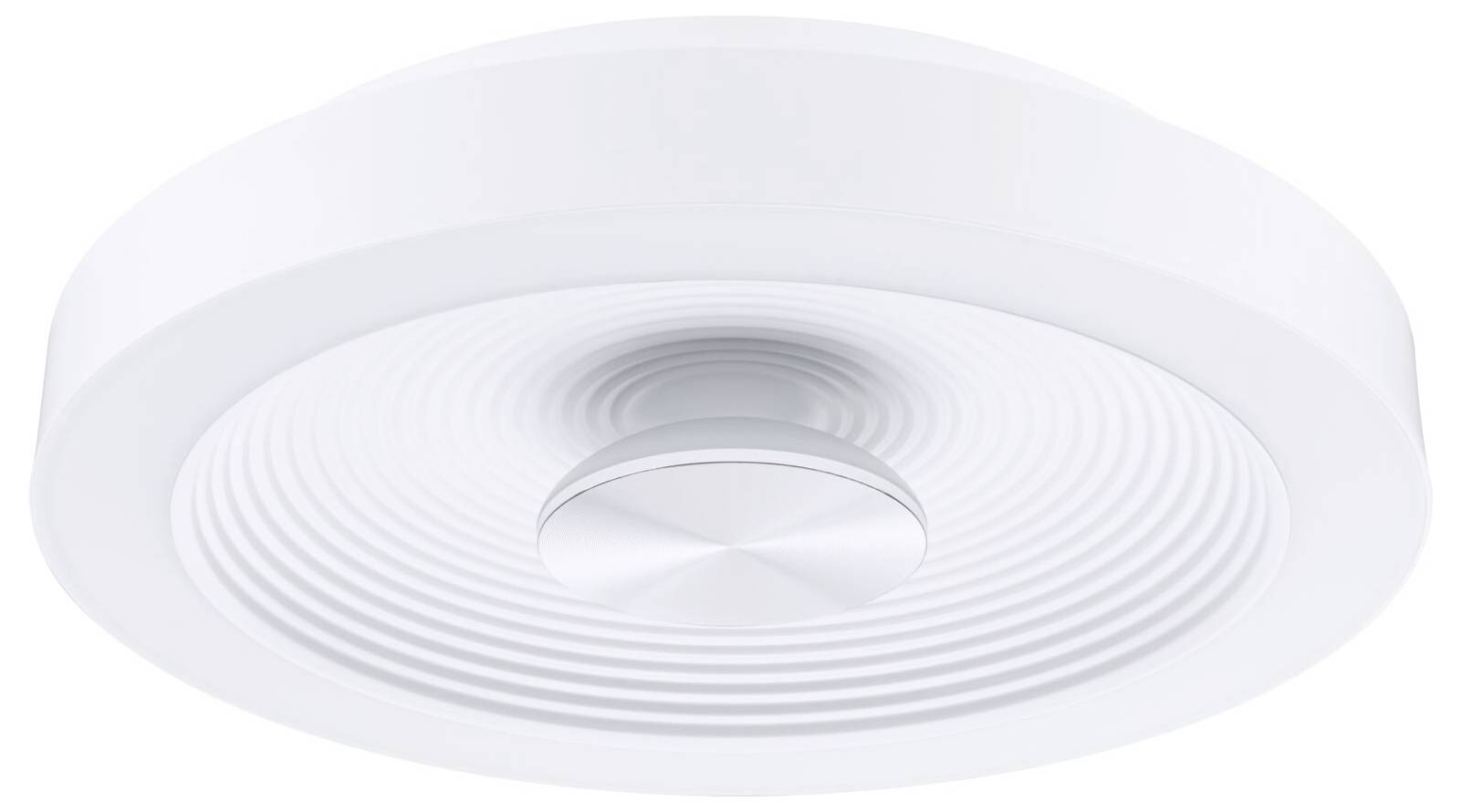 Weiße, runde Deckenlampe mit kreisförmigem Muster und zentralem Element.