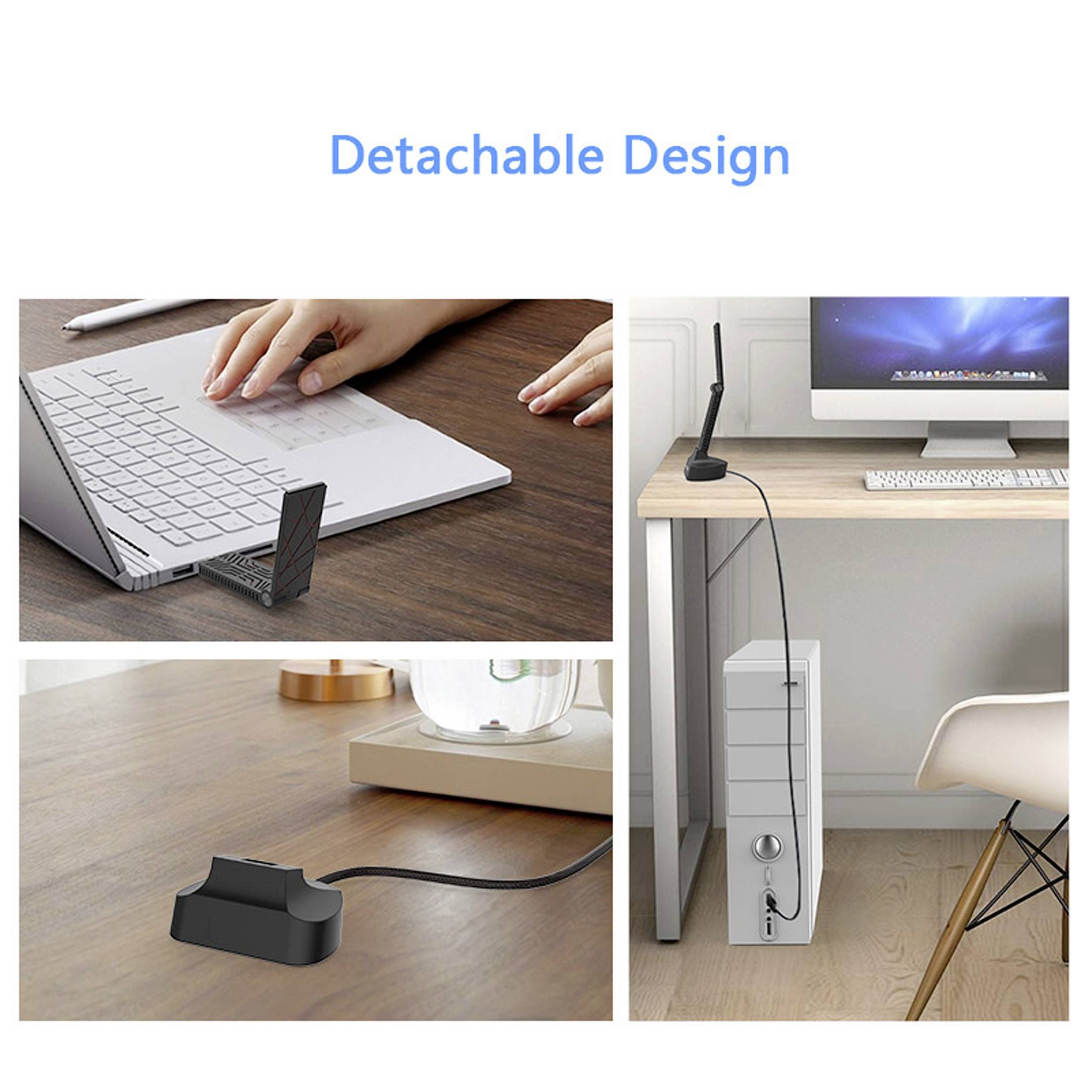 Abnehmbares Design: Tastatur mit entfernbarer Abdeckung, Staubfilter an Tischkante, Kabelmanagementlösung unter Schreibtisch.