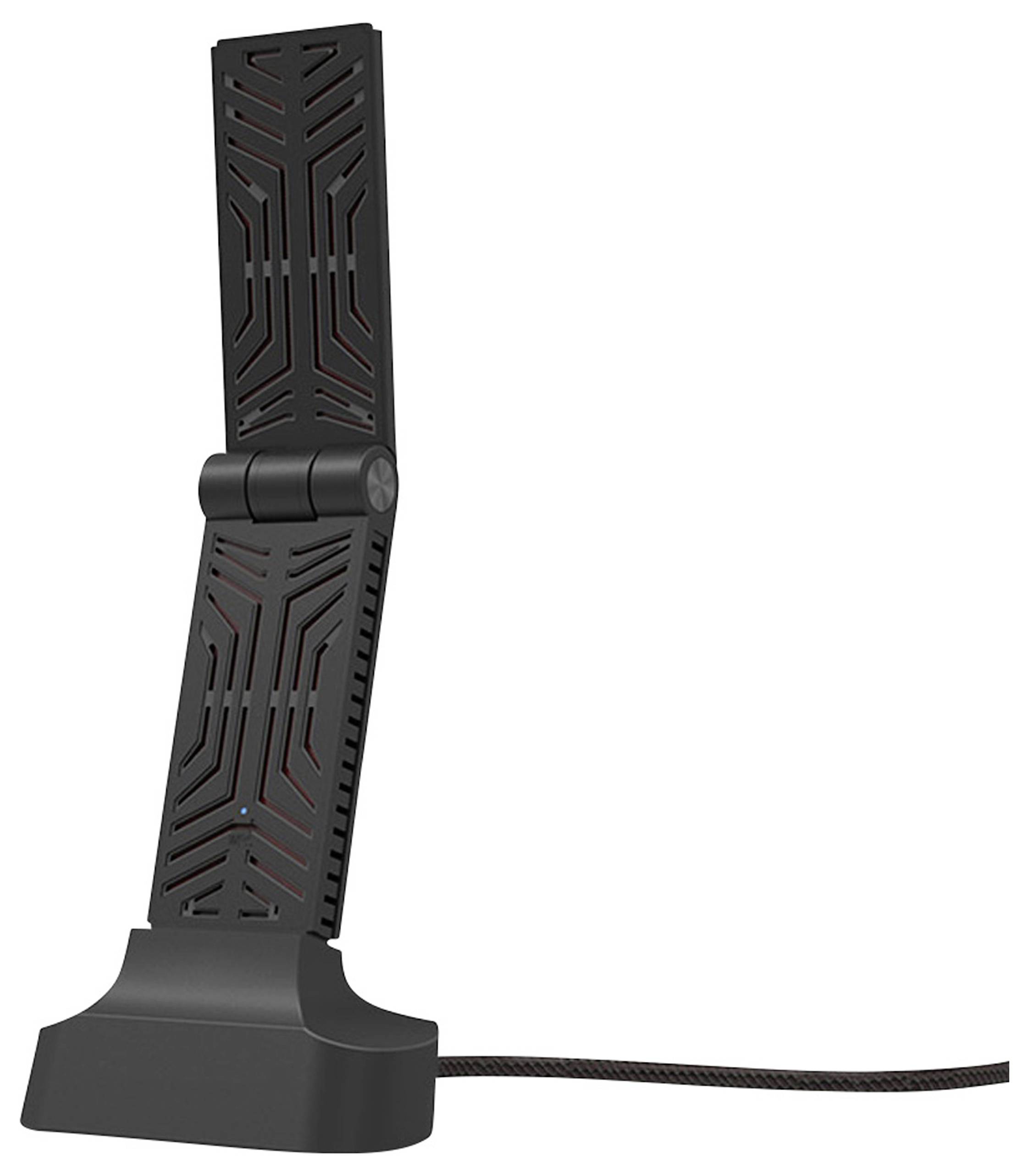 Ein schwarzer, vertikaler WLAN-Antenne mit modernem Design, auf einer Basis befestigt, zeigt eine klappbare Struktur mit geometrischen Mustern.