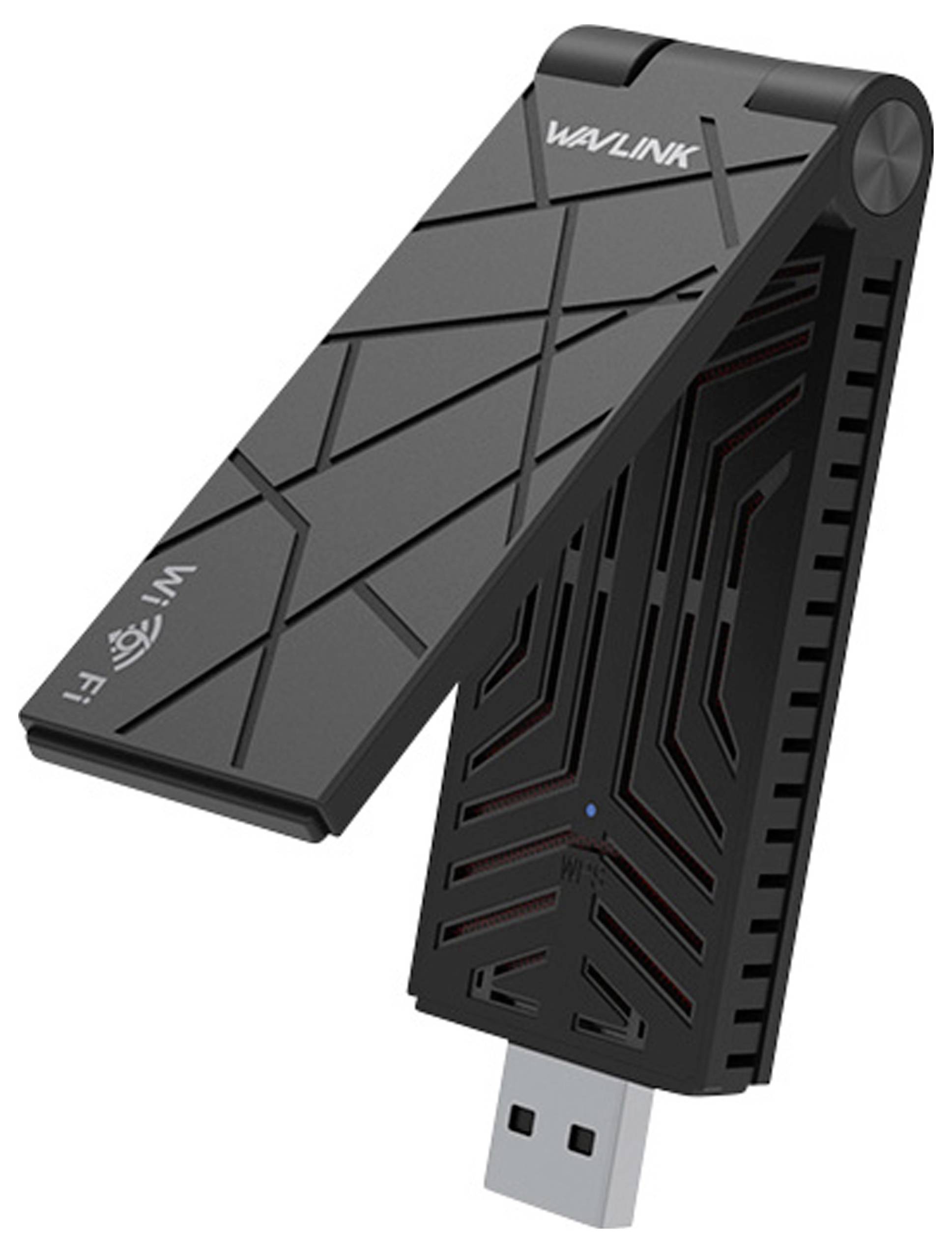 Ein schwarzer USB-WLAN-Adapter mit drehbarer Antenne, geeignet zur Erhöhung der WLAN-Reichweite für Computer oder Laptops.