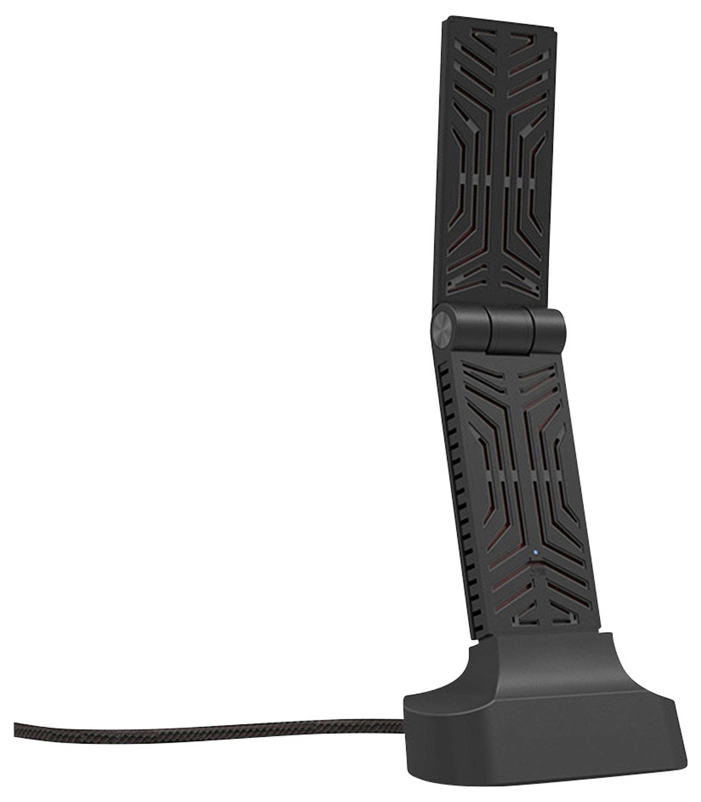 Schwarze externe Antenne mit verstellbarem Gelenk auf rechteckiger Basis, verbunden durch ein geflochtenes Kabel.