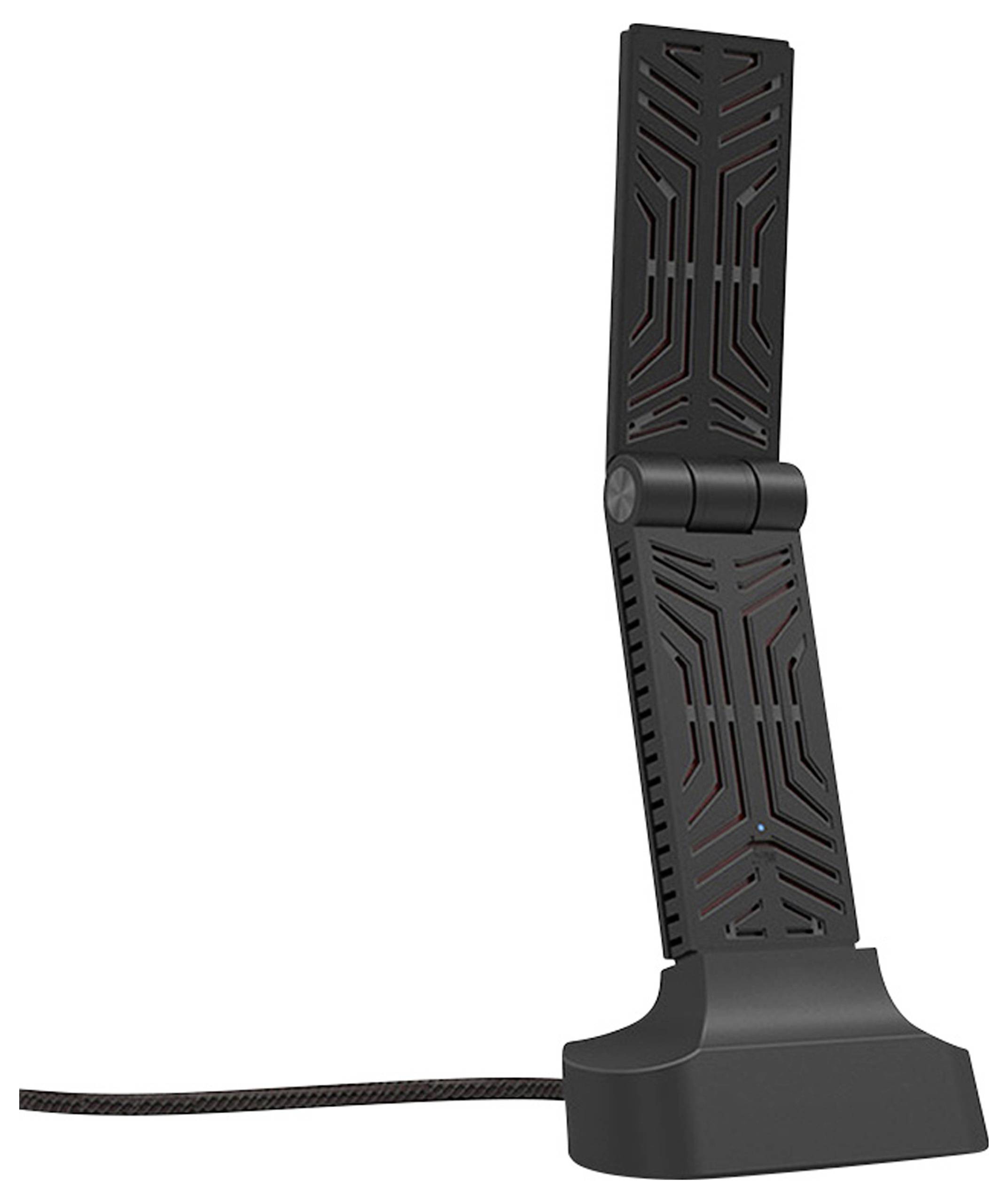 Ein schwarzes, vertikales WiFi-Signalverstärkungsgerät mit einem gefalteten Antennendesign auf einem stabilen Sockel.