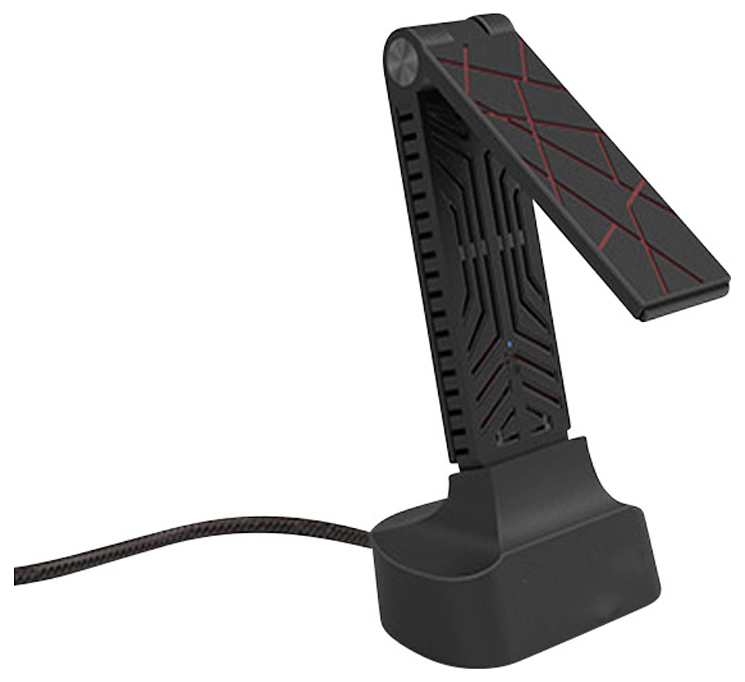 Eine stilvolle, geometrisch gemusterte Ladehalterung mit USB-Kabel, geeignet für Smartphones oder ähnliche Geräte.