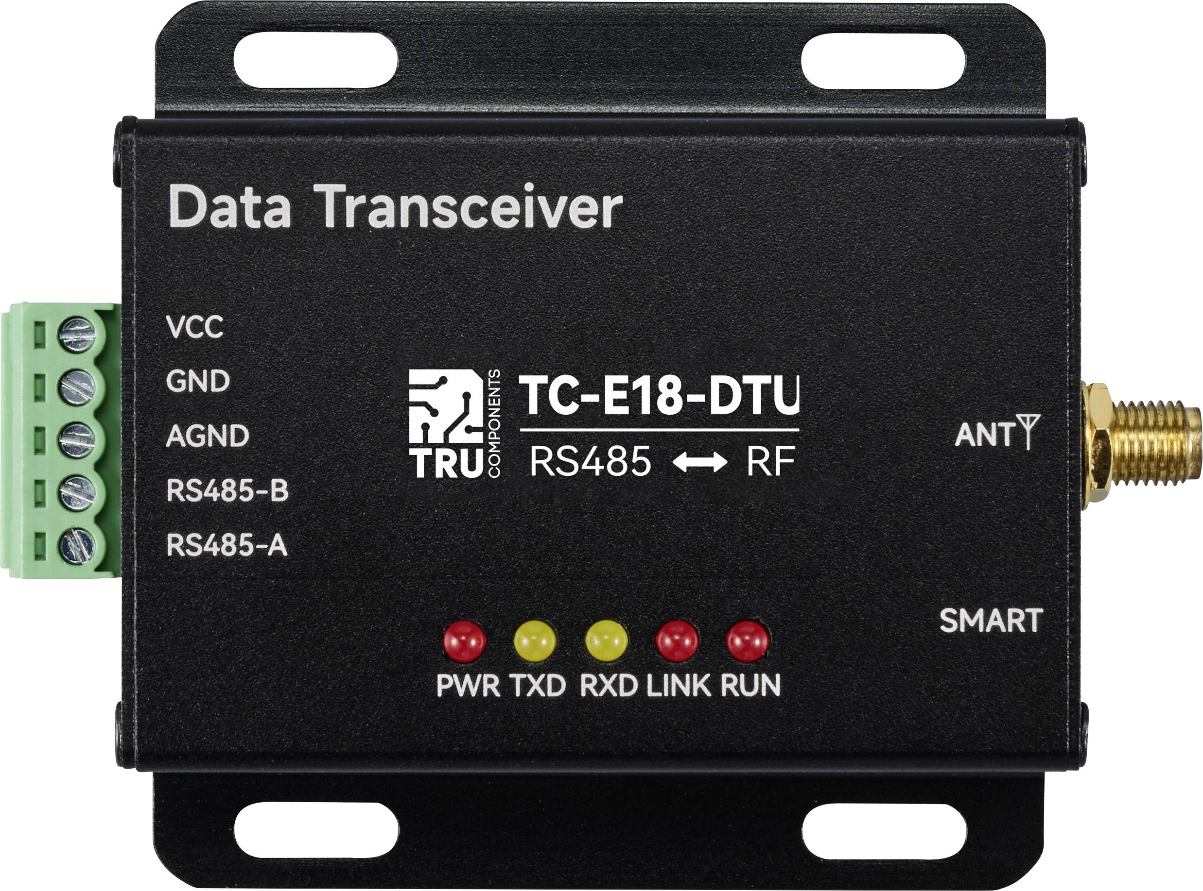 'Data Transceiver TC-E18-DTU' mit Anschlüssen und LEDs: 'PWR', 'TXD', 'RXD', 'LINK', 'RUN'. Unterstützt RS485 zu RF-Verbindung.