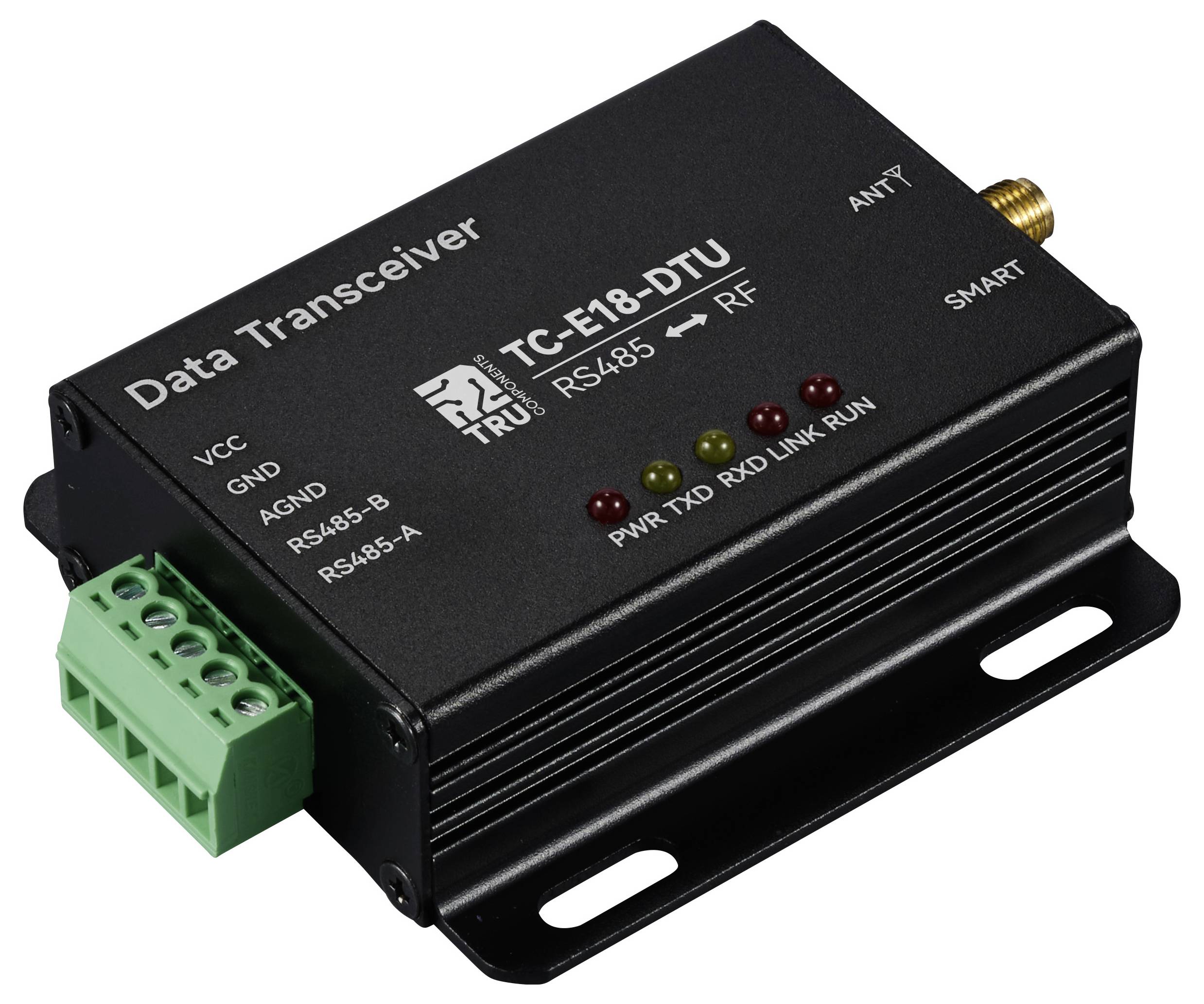 Daten-Transceiver 'TC-E18-DTU' mit RS485 zu RF Konverter, schwarzes Gehäuse, grüne Anschlussklemmen und Beschriftungen auf der Oberseite.