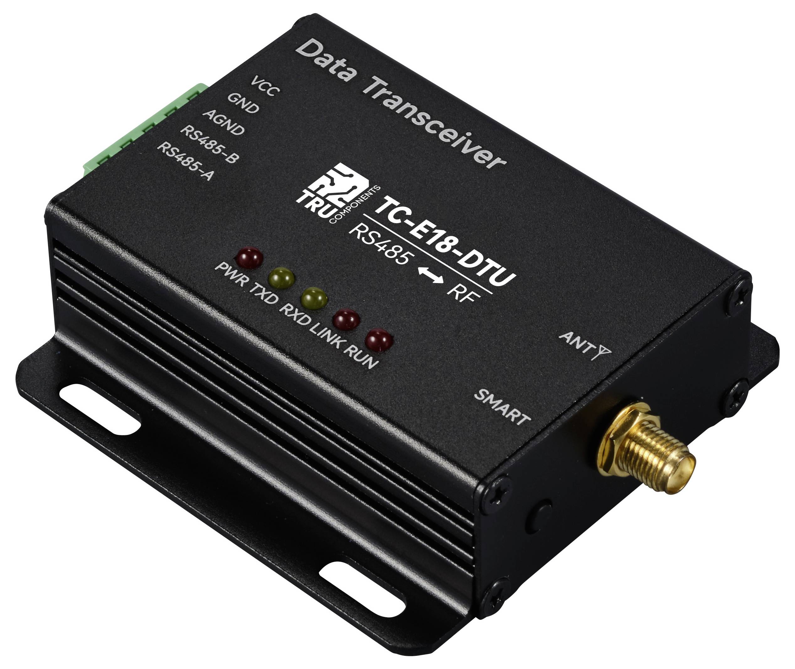 Drahtloser Daten-Transceiver mit RS485-Schnittstelle und Antennenanschluss, Model 'TC-E18-DTU', zeigt vier Status-LEDs.