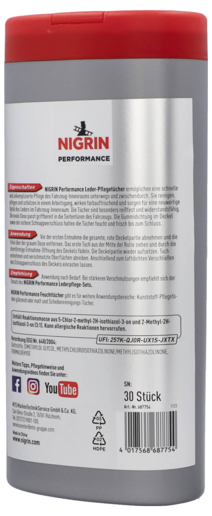 Grau-rote Verpackung mit Nigrin-Logo. Enthält 30 Leder-Pflegetücher. Anweisungstext auf der Rückseite. Symbole für Facebook, YouTube.