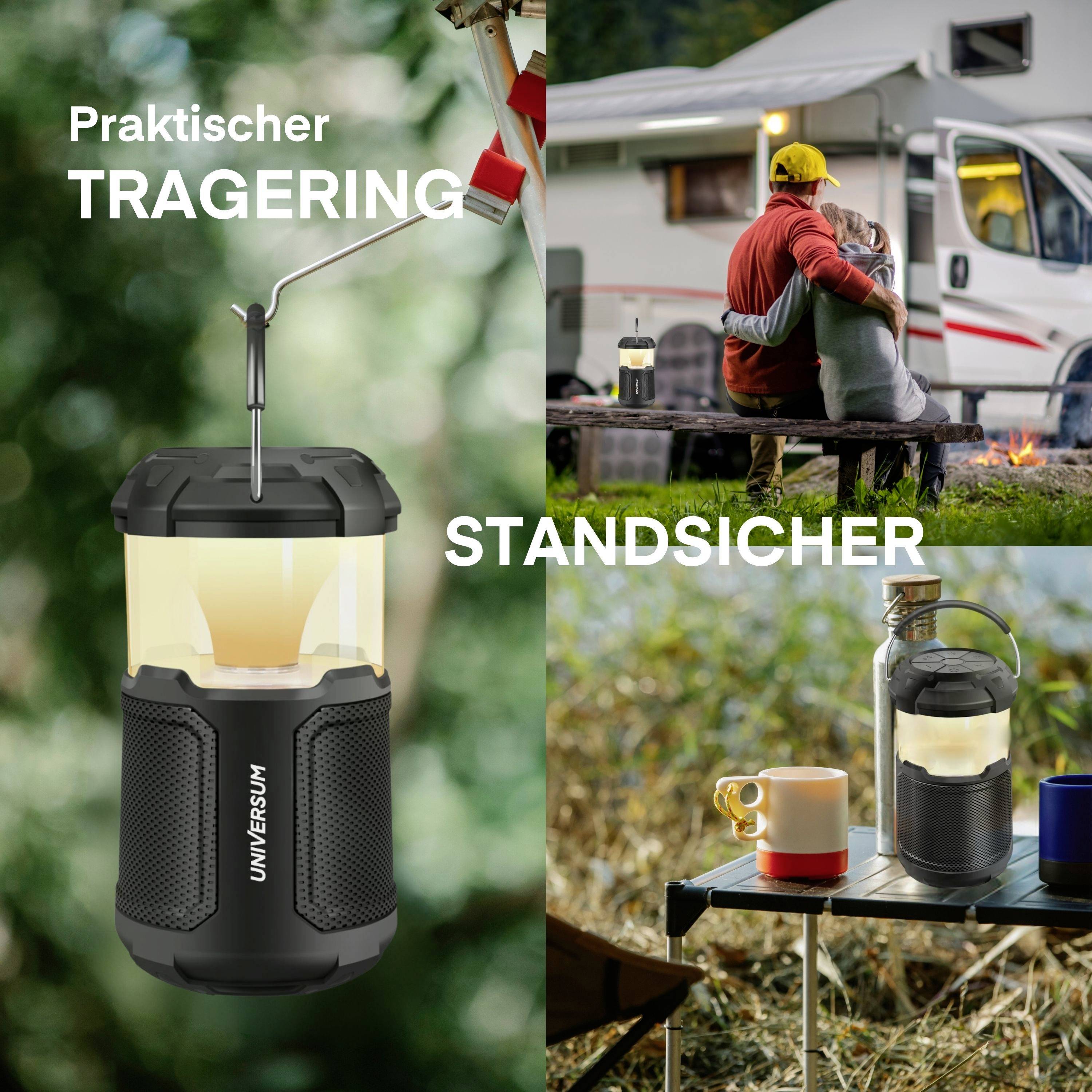 Tragbare Campinglampen neben Wohnwagen. Links: Laterne mit Griff. Rechts: Person sitzt, Lampe auf Tisch mit Tassen.