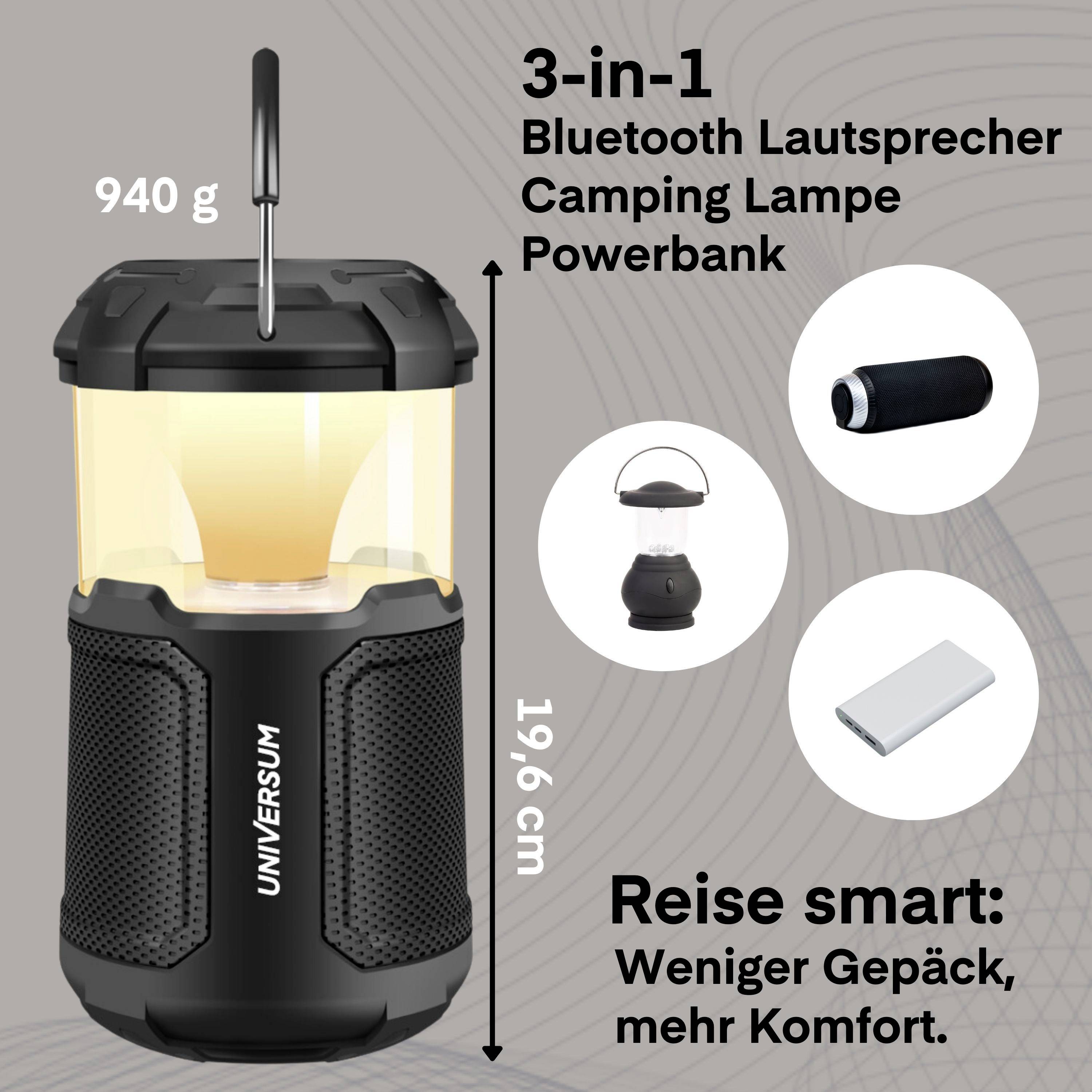 3-in-1 Bluetooth Lautsprecher, Campinglampe, Powerbank. Wiegt 940 g, 19,6 cm hoch. Text: Reise smart: Weniger Gepäck, mehr Komfort.