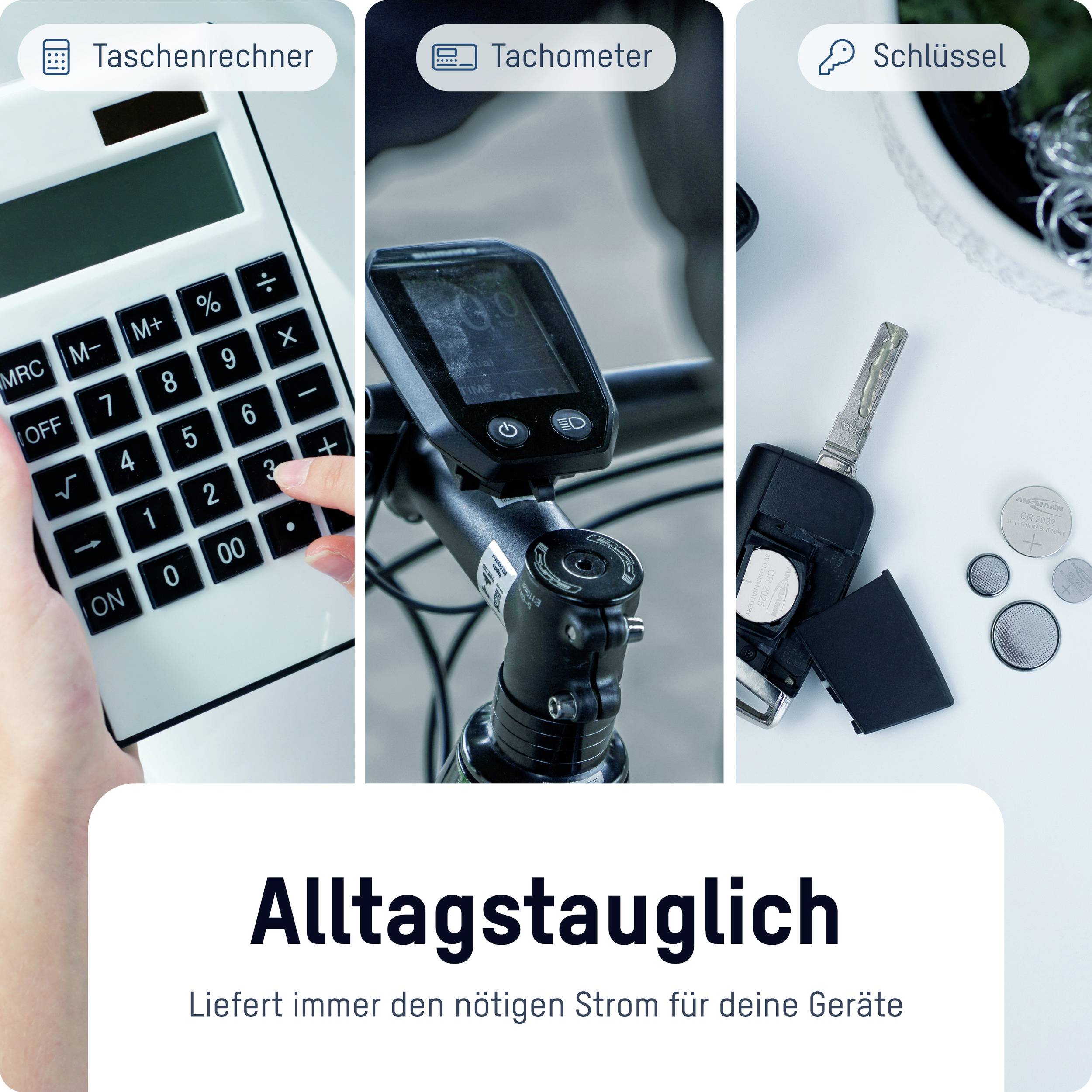 Drei Bilder nebeneinander: Taschenrechner, Tachometer auf Fahrradlenker, Schlüssel mit Münzen. Darunter Text: Alltagstauglich.
