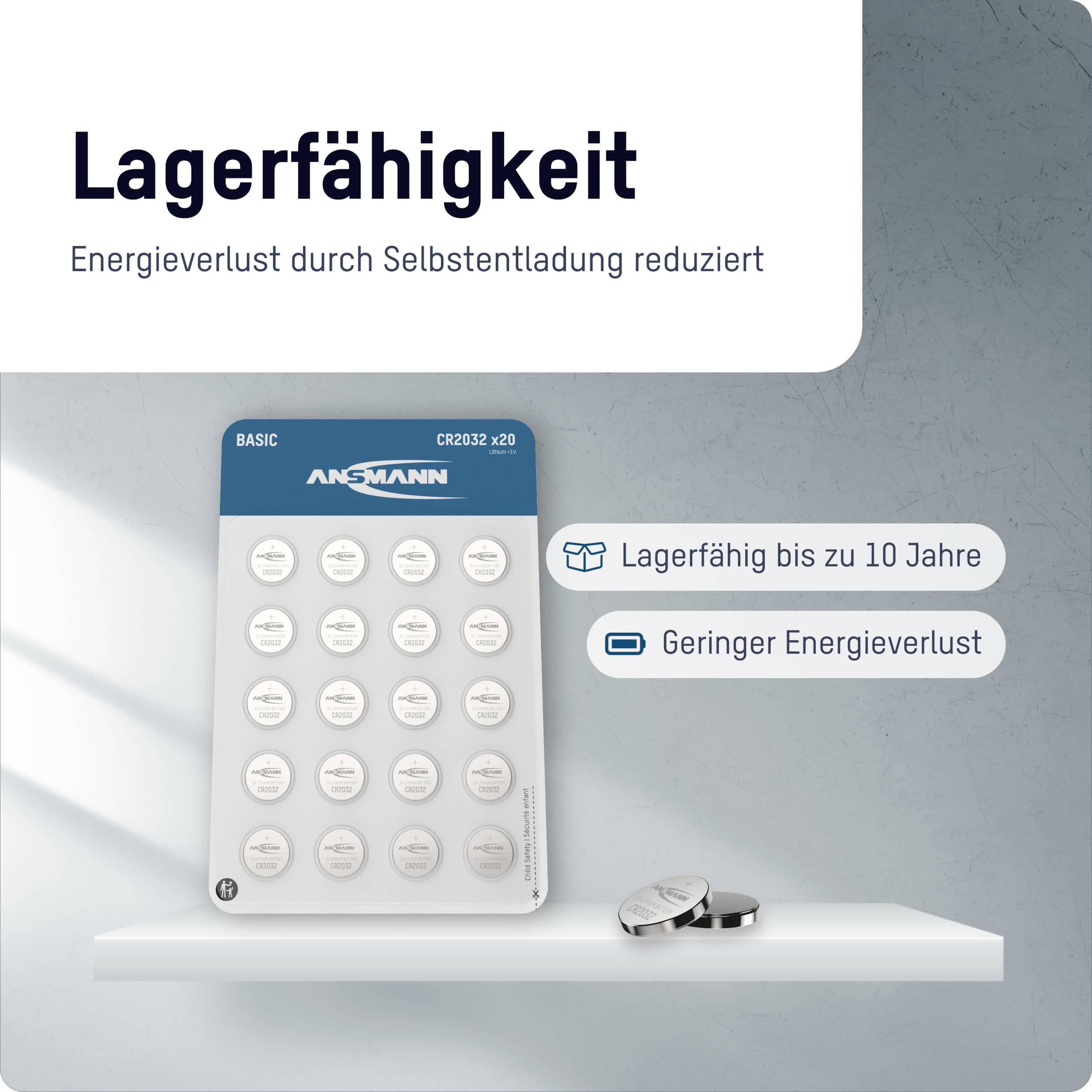 Batterieverpackung mit Text 'Lagerfähig'und 'Geringer Energieverlust'. Darstellung einer Batterieplatte und lose Batterien.