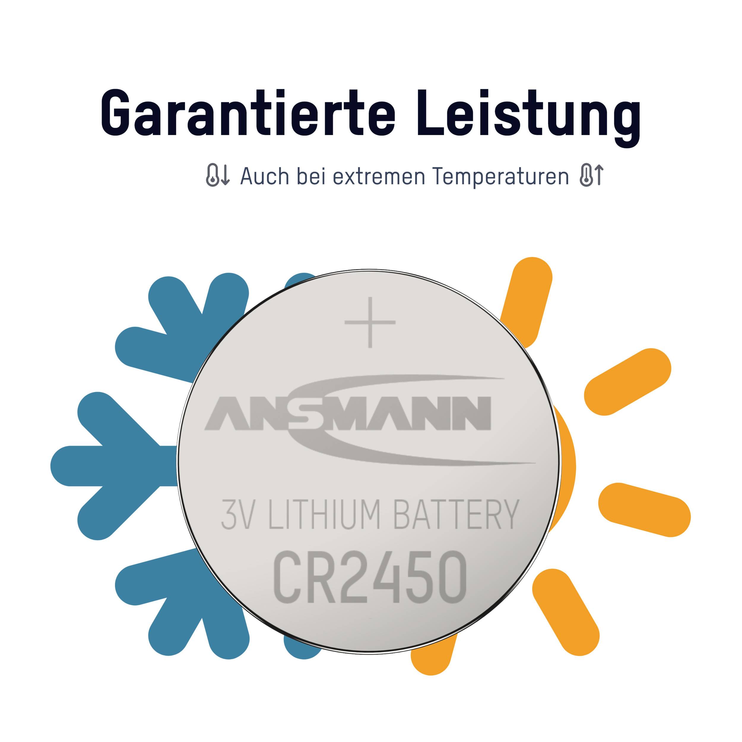 'Garantiere Leistung bei extremen Temperaturen' mit Symbolen einer Schneeflocke und Sonne neben einer 3V-Lithiumbatterie CR2450.