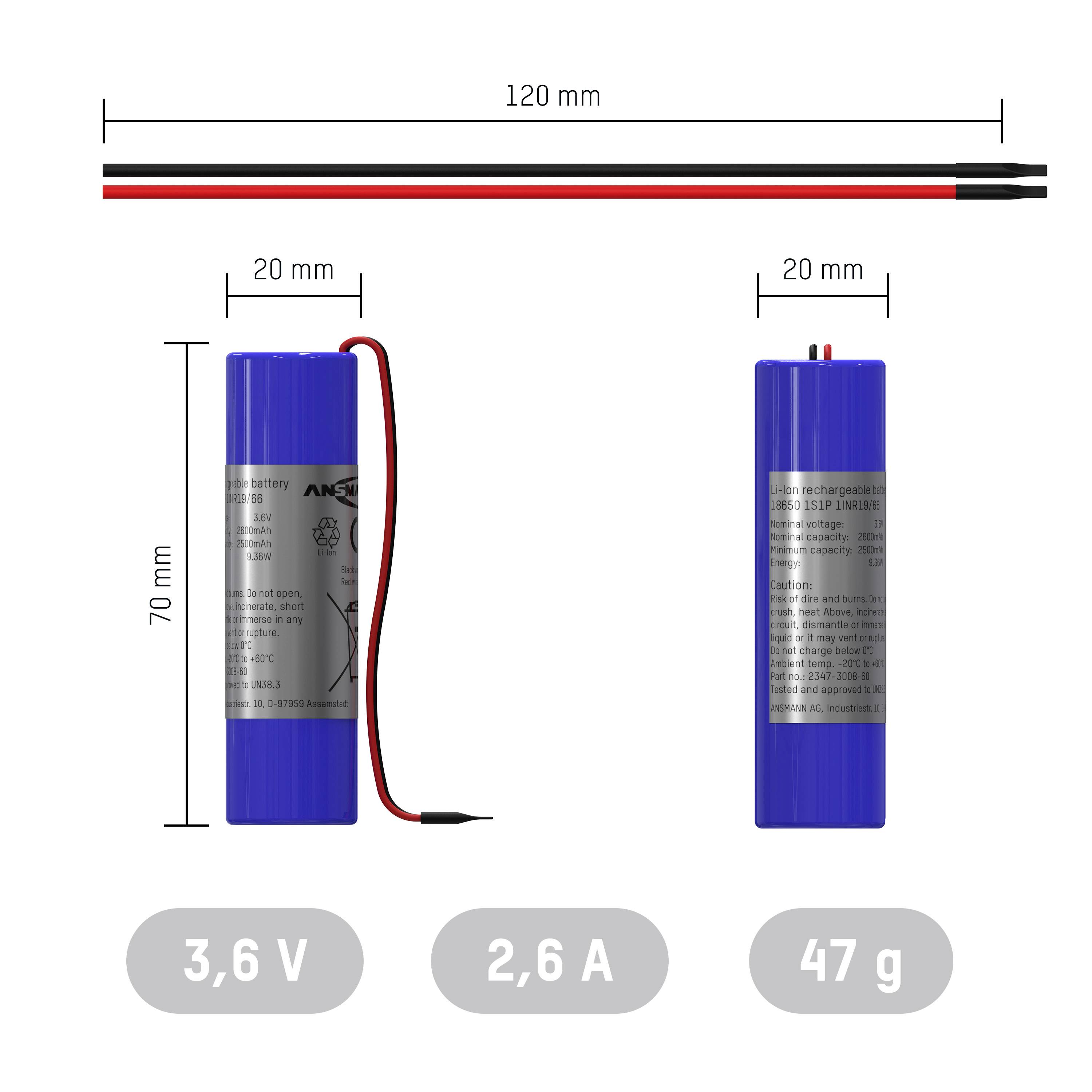 Ansmann Spezial-Akku 18650 Kabel Li-Ion 3.6V 2600 mAh 1St.
