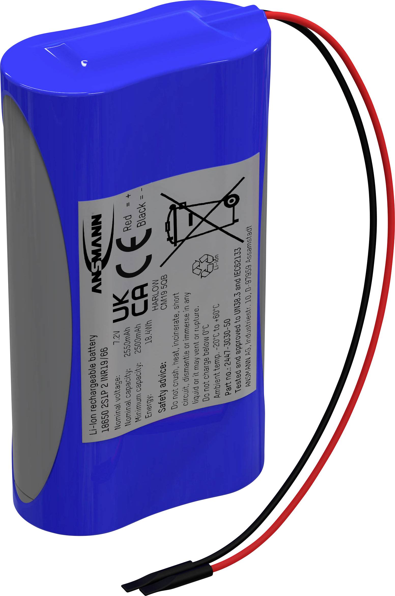 Ansmann 2S1P Akkupack 2x 18650 Kabel Li-Ion 7.2V 2550 mAh