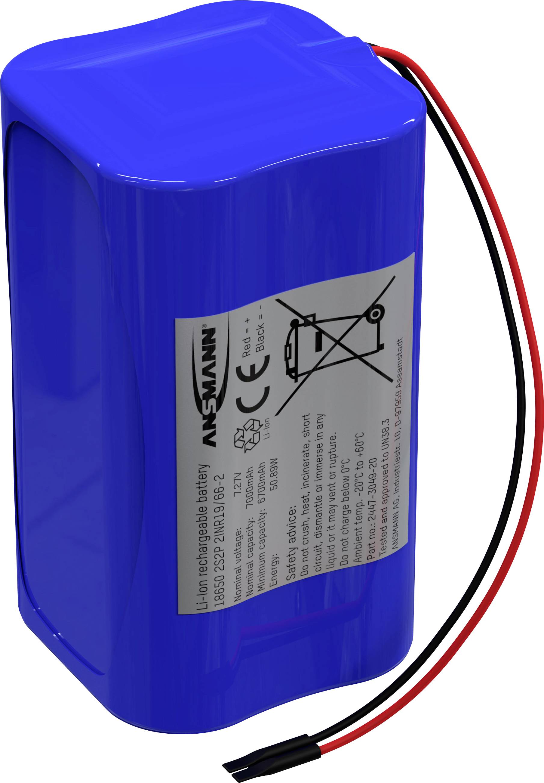 Ansmann 2S2P Akkupack 4x 18650 Kabel Li-Ion 7.2V 7000 mAh