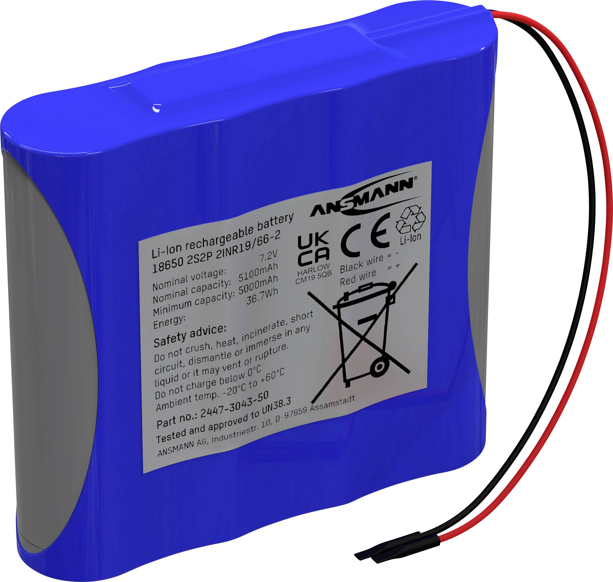 Ansmann 2S2P Akkupack 4x 18650 Kabel Li-Ion 7.2 V 5100 mAh