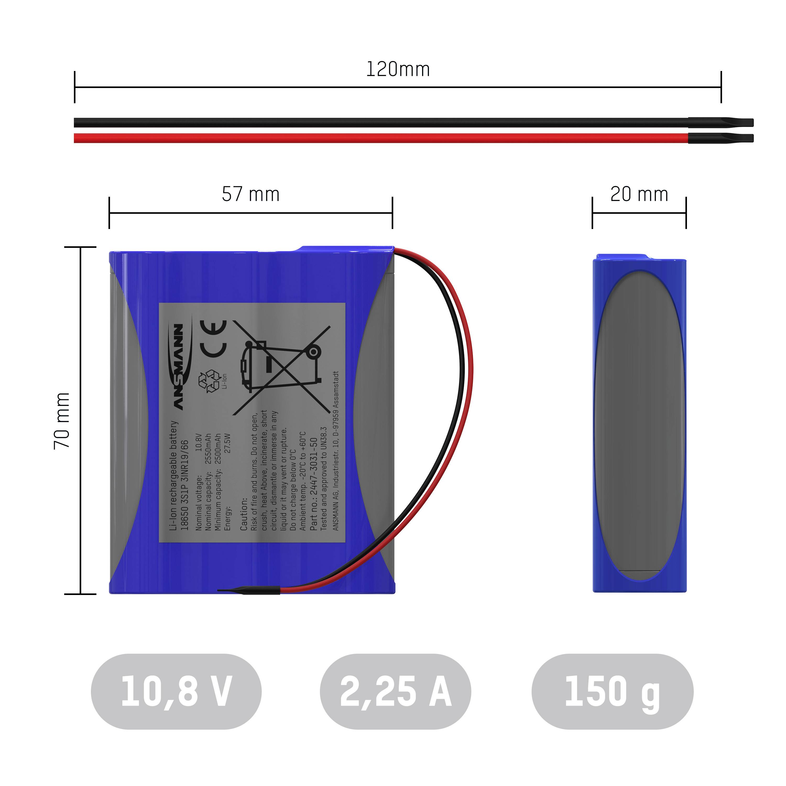 Ansmann 3S1P Akkupack 3x 18650 Kabel Li-Ion 10.8 V 2550 mAh