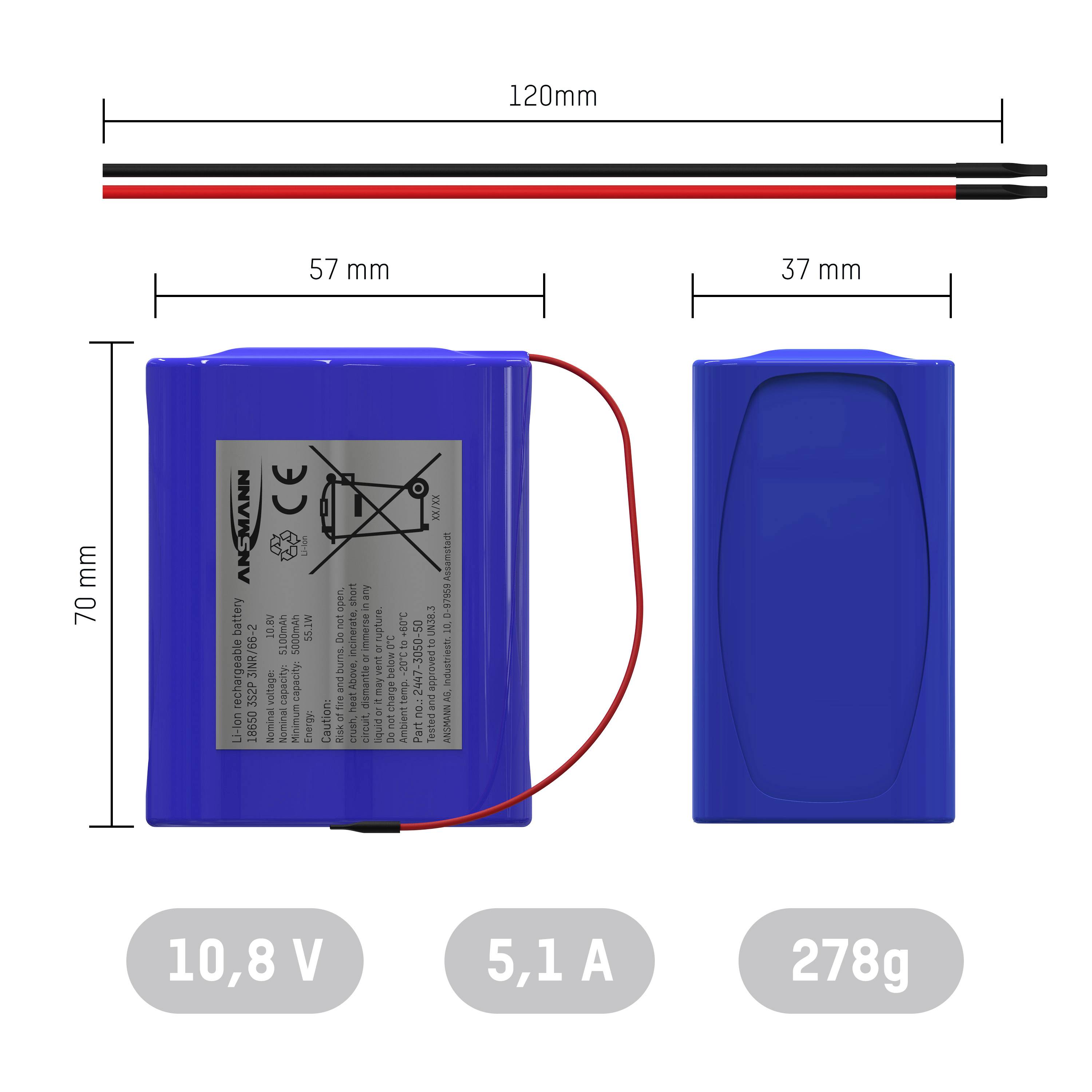Blauer Lithium-Ionen-Akku mit Maßen: 70 x 57 x 37 mm, Spannung 10,8 V, Kapazität 5,1 A, Gewicht 278 g. Oben rot-schwarze Kabel.