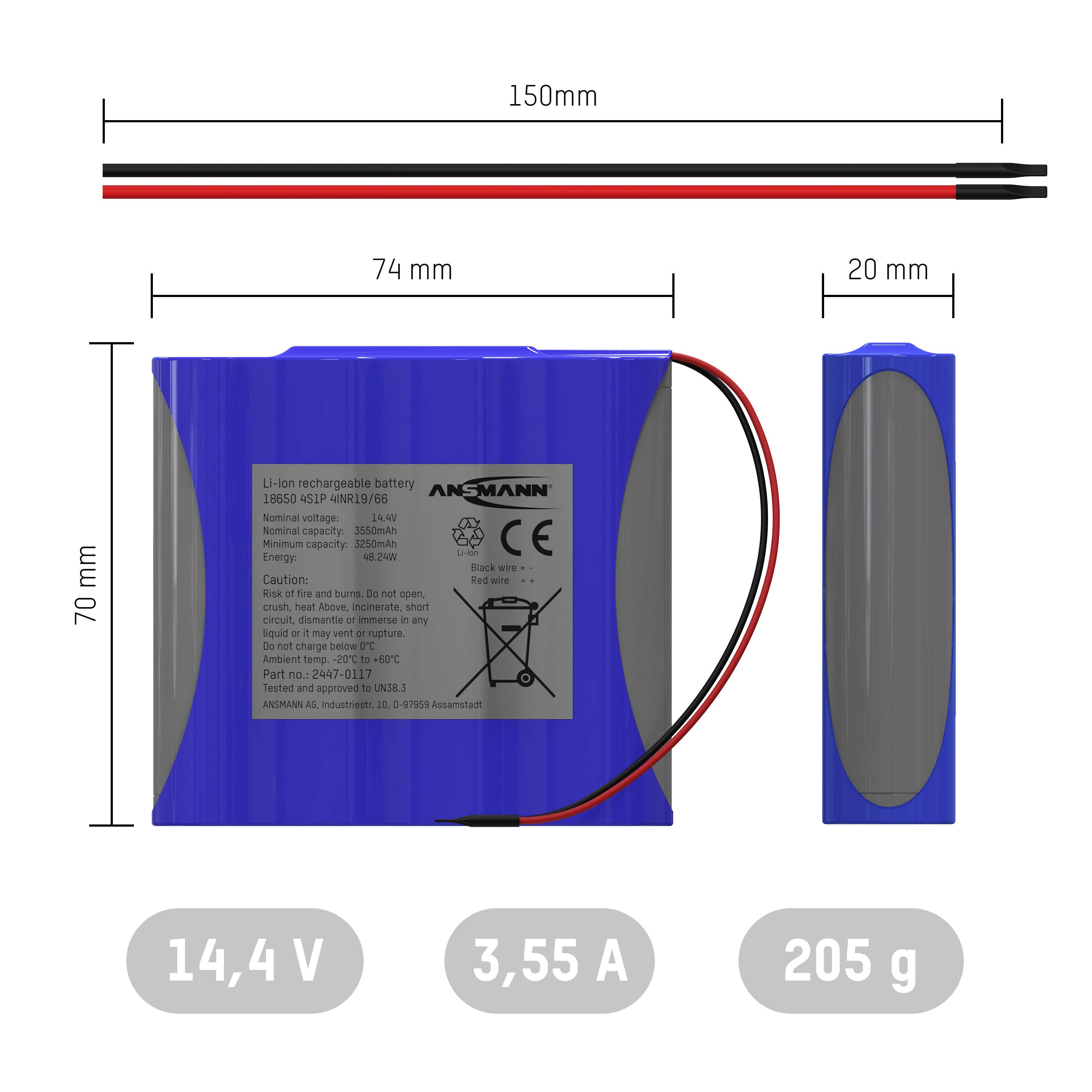 Ansmann 4S1P Akkupack 4x 18650 Kabel Li-Ion 14.4 V 3350 mAh