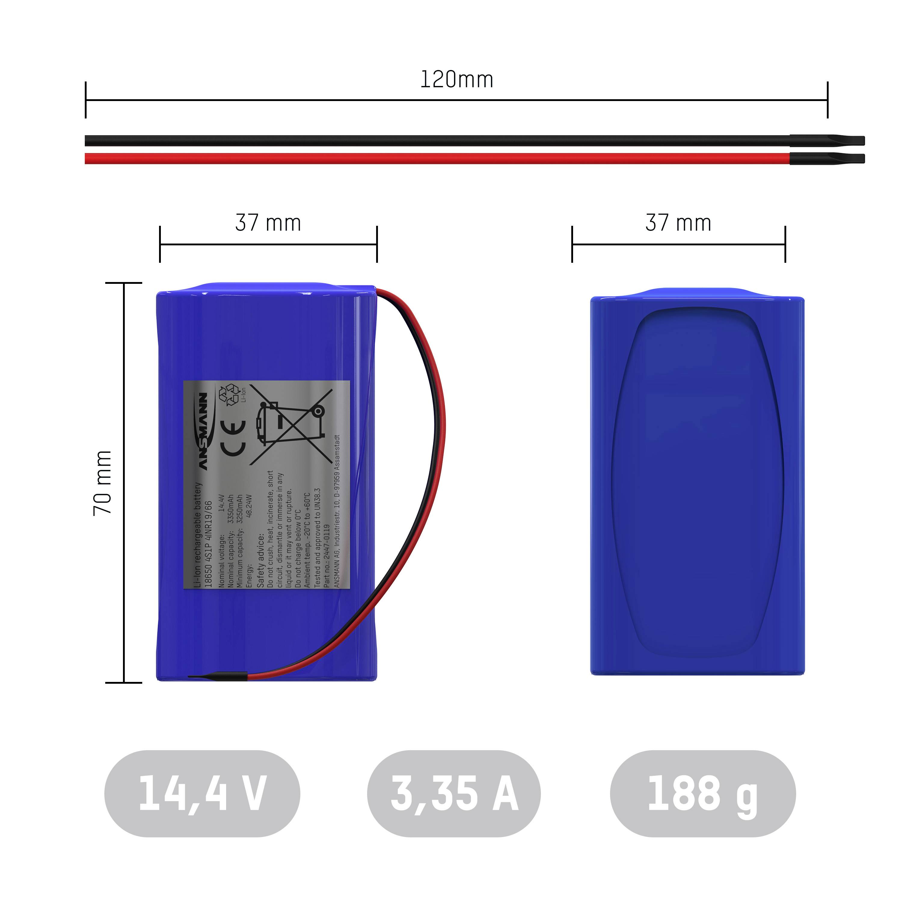 Ansmann 4S1P Akkupack 4x 18650 Kabel Li-Ion 14.4 V 3350 mAh