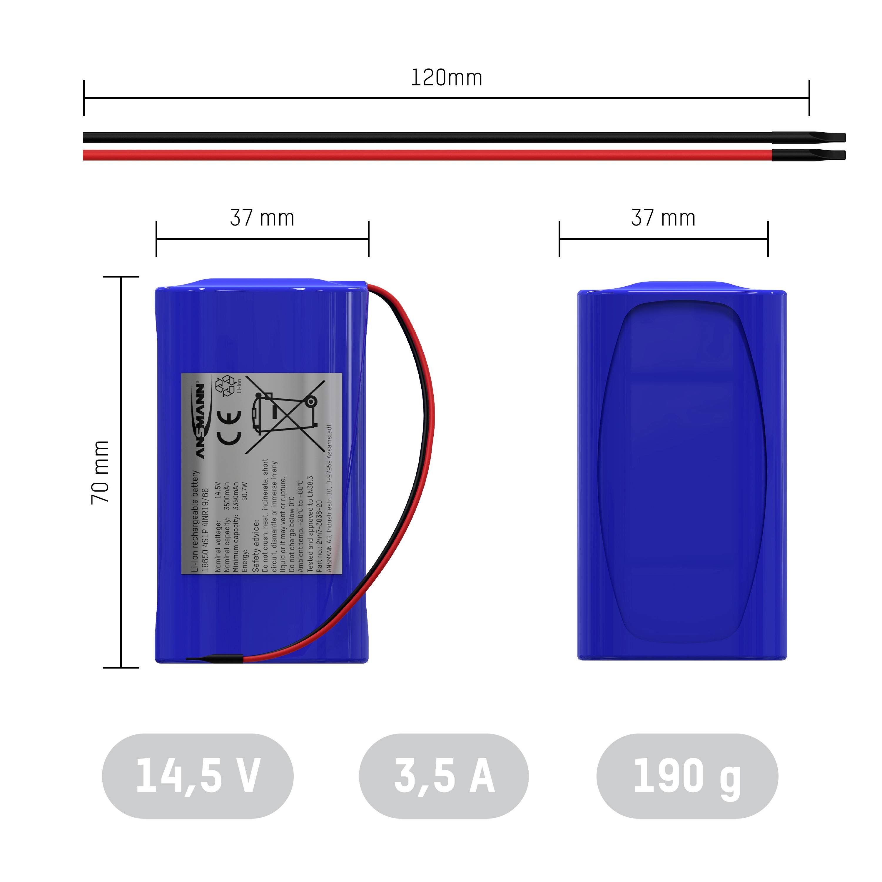 Ansmann 4S1P Akkupack 4x 18650 Kabel Li-Ion 14.4V 3500 mAh