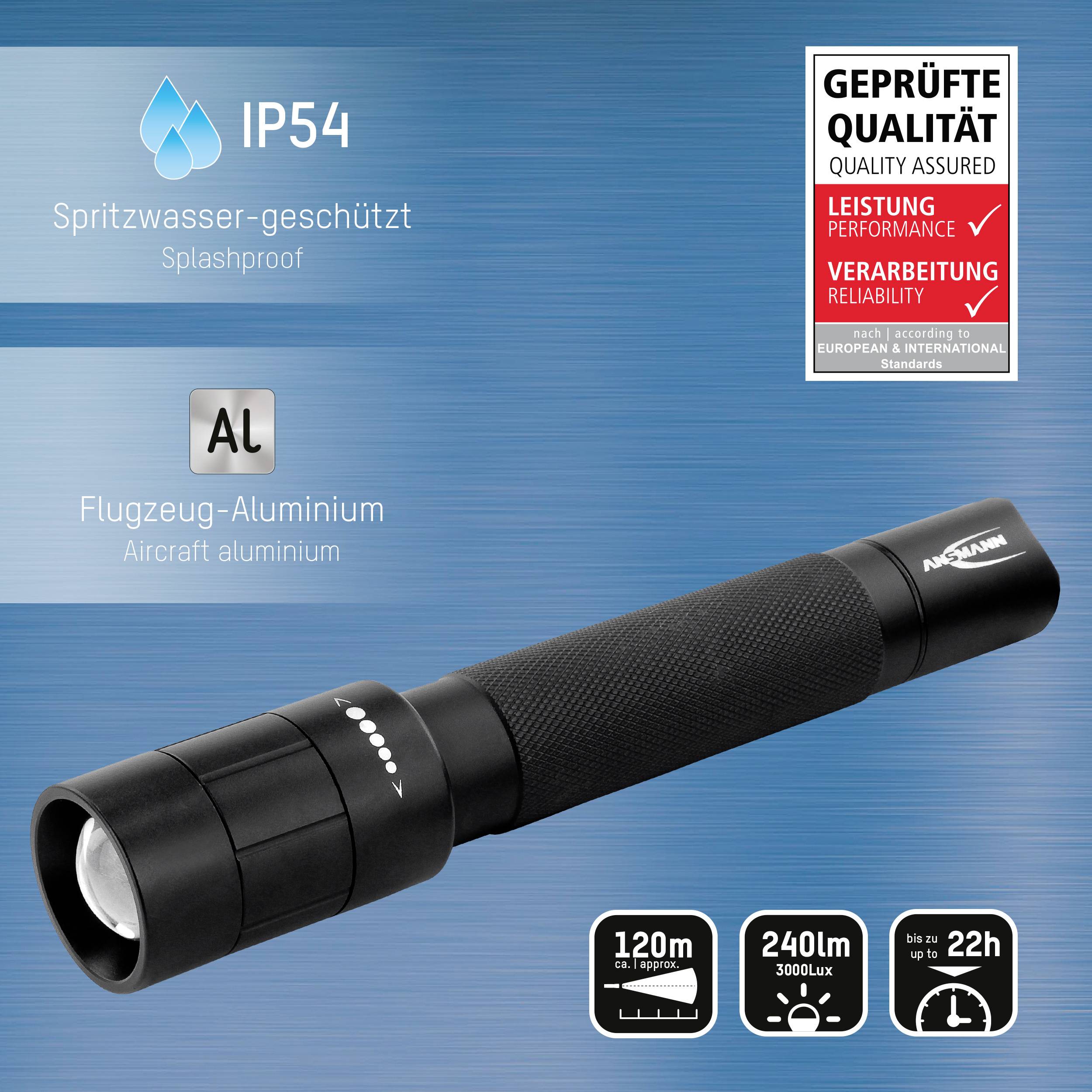 Taschenlampe aus Flugzeug-Aluminium, spritzwassergeschützt (IP54), helle bis zu 240 Lumen, getestet auf Leistung und Zuverlässigkeit.