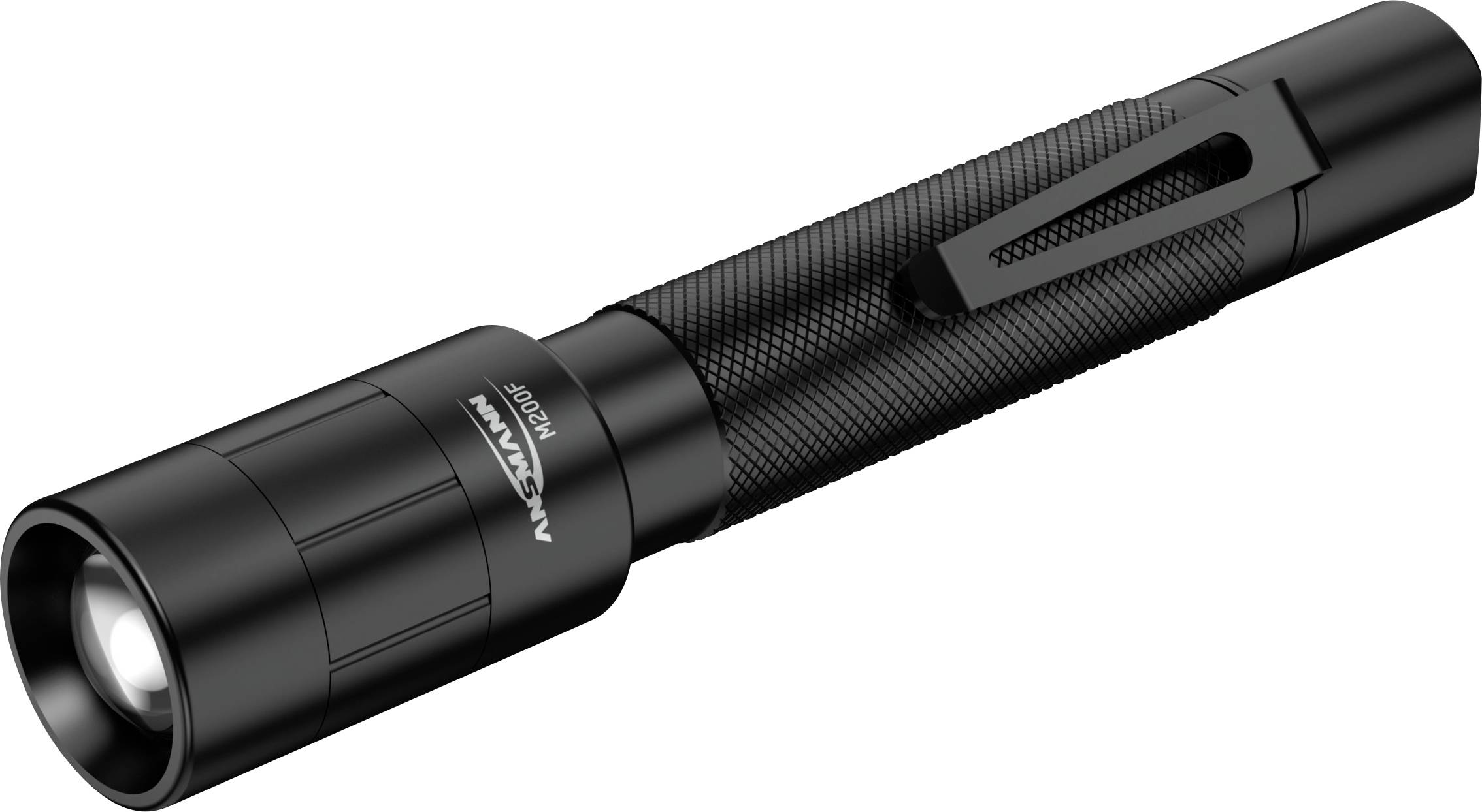 Schwarze Taschenlampe mit strukturiertem Griff und Metallclip, kompakt und leicht, ideal für Outdoor-Aktivitäten oder Notfälle.