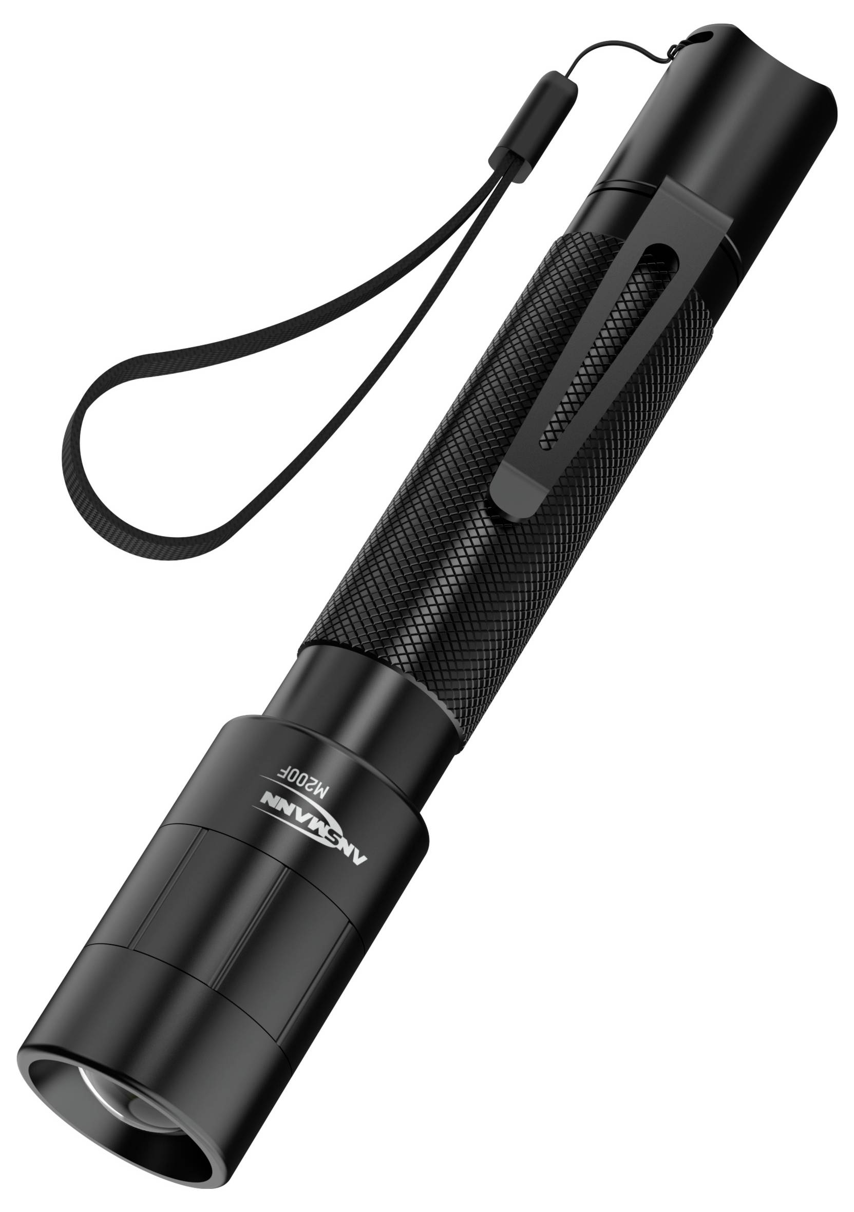 Schwarze Taschenlampe mit Trageschlaufe und Clip, zylindrisches Design, geeignet für Outdoor-Aktivitäten und Notfälle.