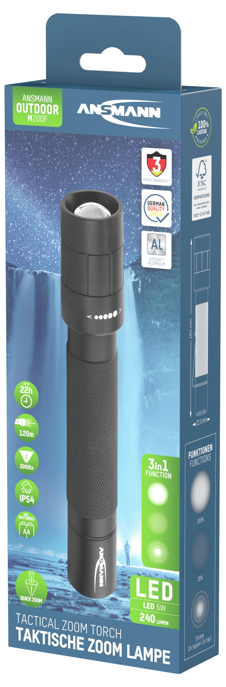 'Ansmann Outdoor' Taschenlampenverpackung, zeigt eine schwarze taktische Zoomlampe mit LED. Details zur Lichtleistung und Energieeffizienz.