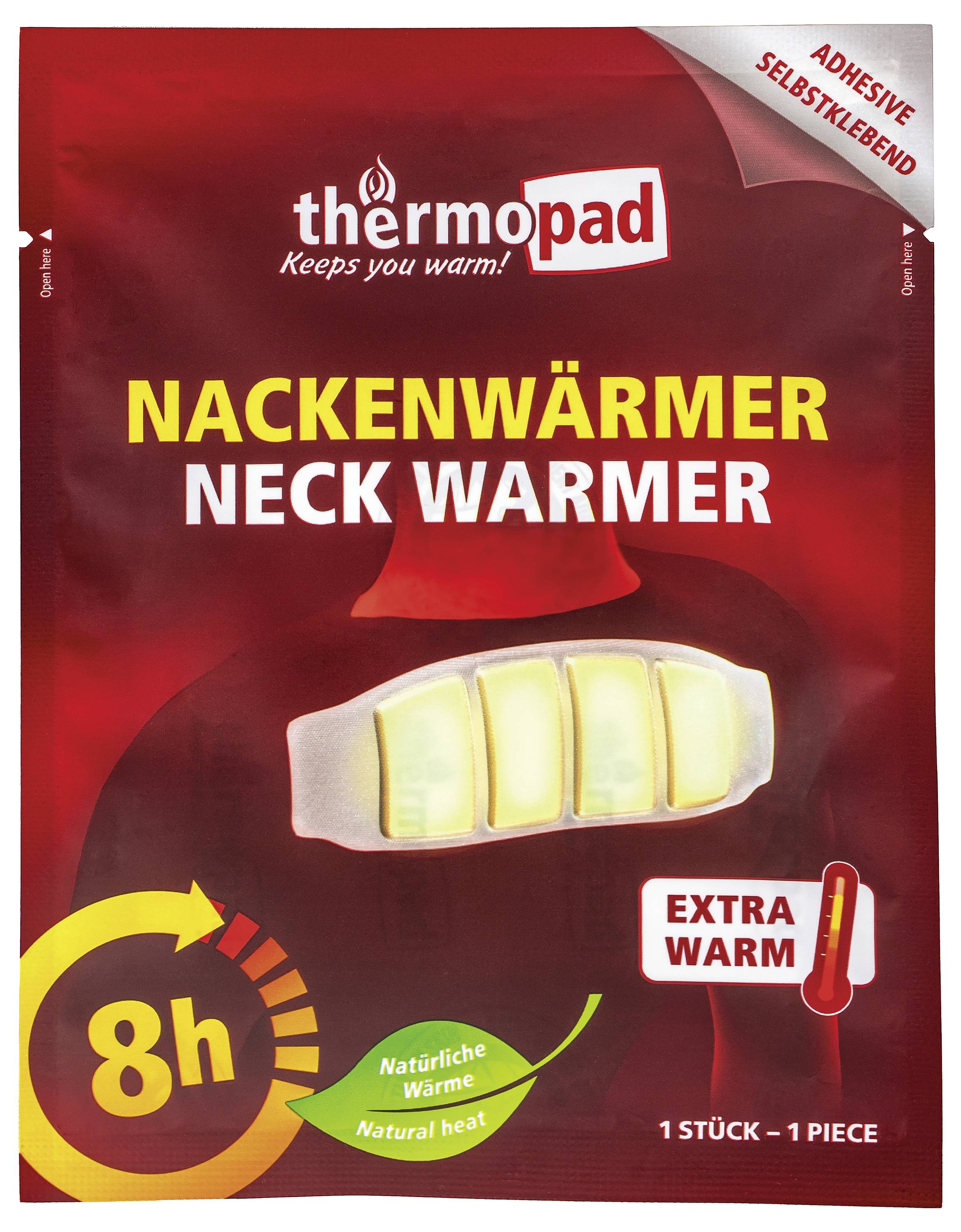 Thermopad Nackenwärmer Neck Warmer – Verpackung mit einem Bild eines Nackenwärmers. Der Text zeigt „extra warm