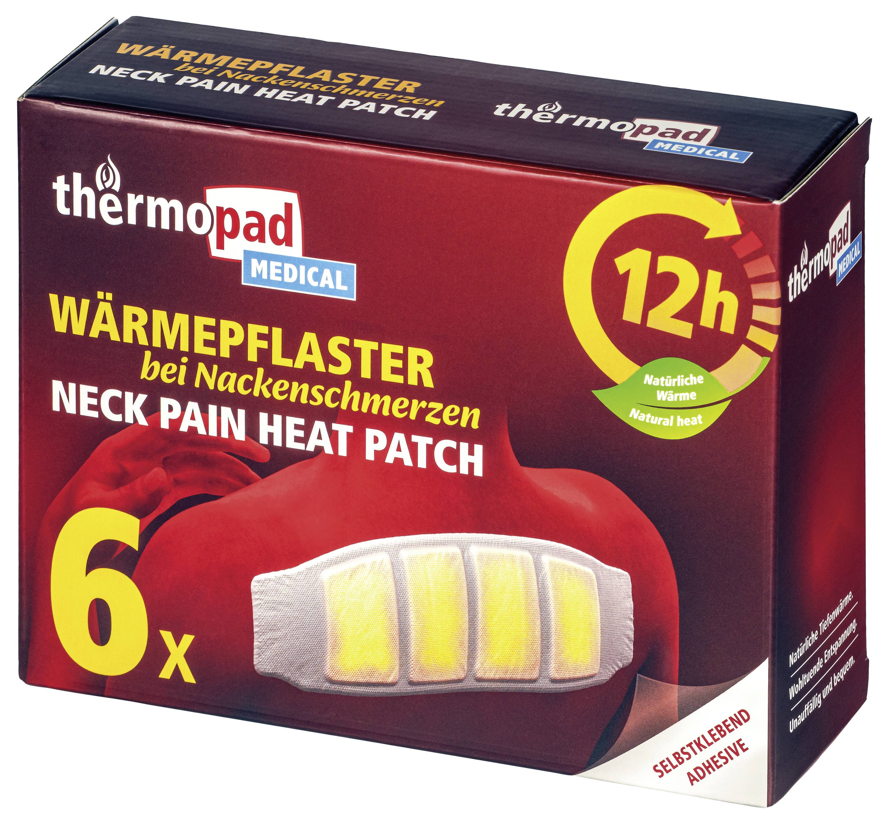 Packung mit Thermopad Medizinische Wärmepflaster gegen Nackenschmerzen, gekennzeichnet mit „Wärmepflaster bei Nackenschmerzen" und „Neck Pain Heat Patch", mit 6 Pflastern und 12 Stunden Wärmedauer.