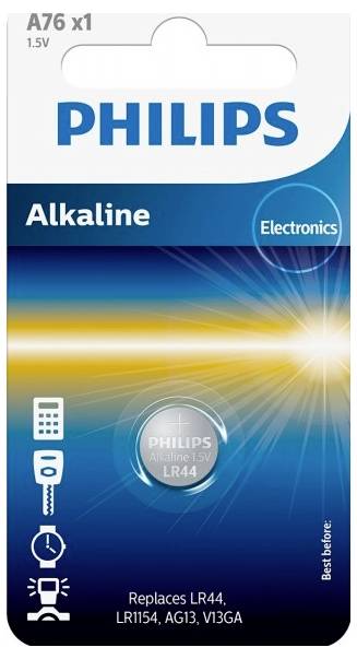 Philips Alkaline Batterie A76, 1,5V, ersetzt LR44, LR1154, AG13, V13GA. Geeignet für Elektronikgeräte. Mindesthaltbarkeitsdatum angegeben. Verpackung zeigt Batterie und Icons für Anwendungen.