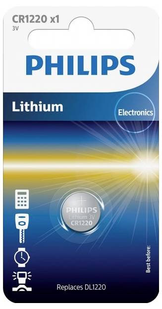 Verpackung einer Philips Lithium-Knopfzelle CR1220, 3V, für Elektronikgeräte. Enthält Symbole für Fernbedienung, Kamera und Uhr.