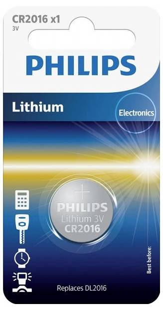 Philips Lithium-Batterie CR2016, 3V. Verpackung mit Piktogrammen für Verwendung in Fernbedienungen, Autoschlüsseln und Geräten.