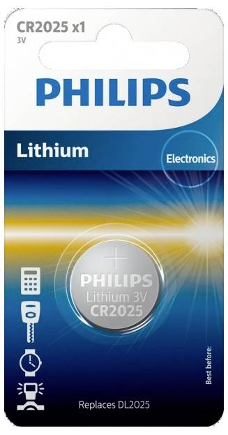 Eine Philips Lithium-Knopfzellenbatterie CR2025 auf blauer Verpackung. Geeignet für Elektronikgeräte. 3V, ersetzt DL2025.