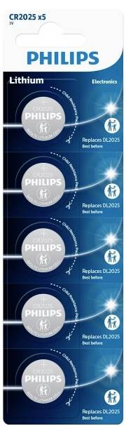 Fünf Lithium-Knopfzellen der Marke Philips, Typ CR2025. Verpackung zeigt, dass sie DL2025 ersetzt und für verschiedene Elektronik geeignet ist.